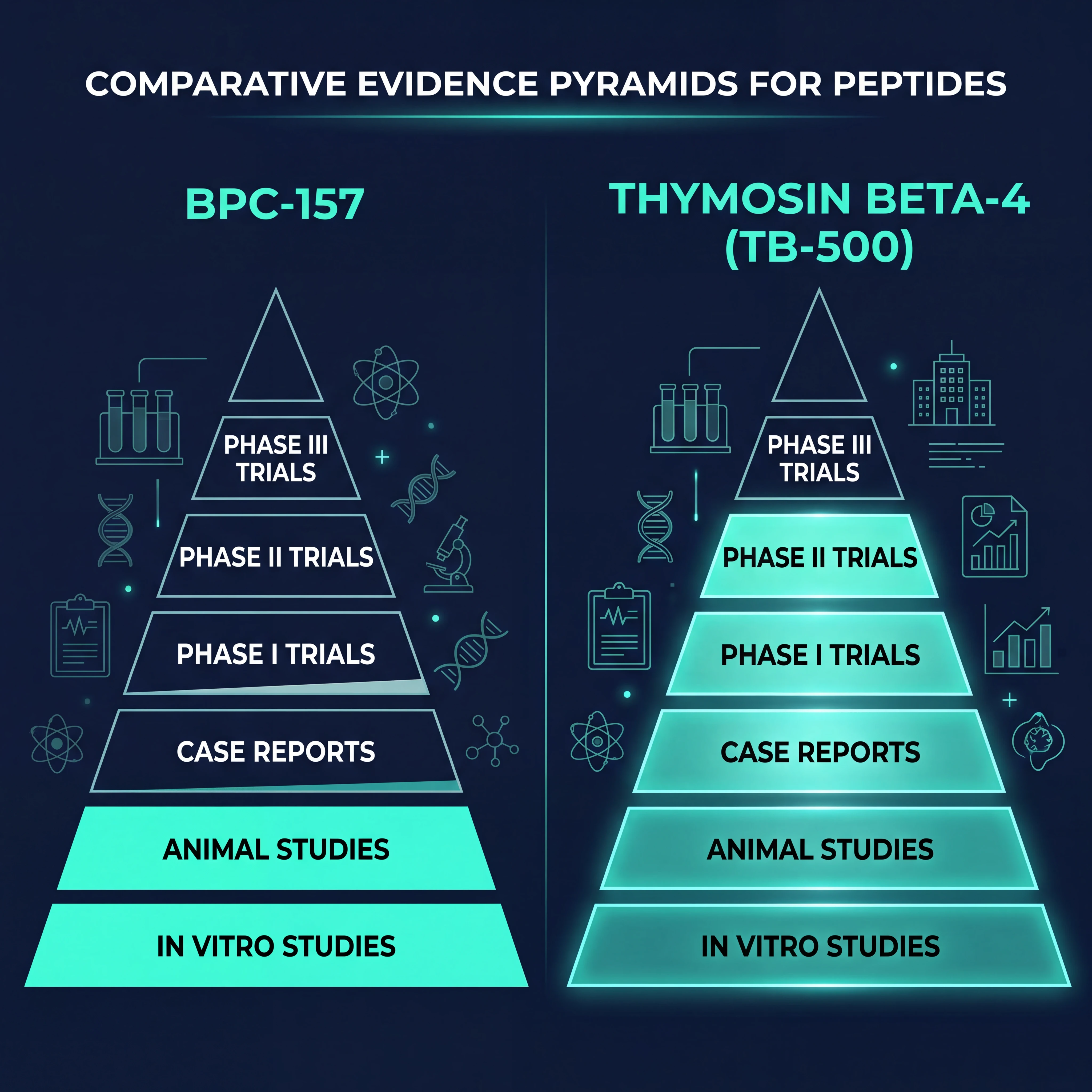 Infographic comparing the clinical evidence levels for BPC-157 versus thymosin beta-4 across different medical applications