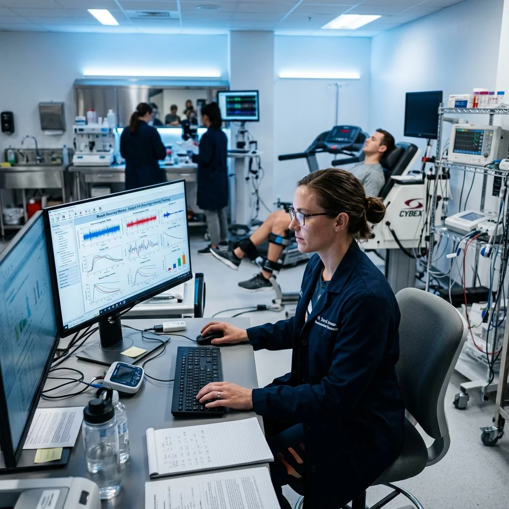 Sports science researcher analyzing muscle recovery data in a clinical laboratory