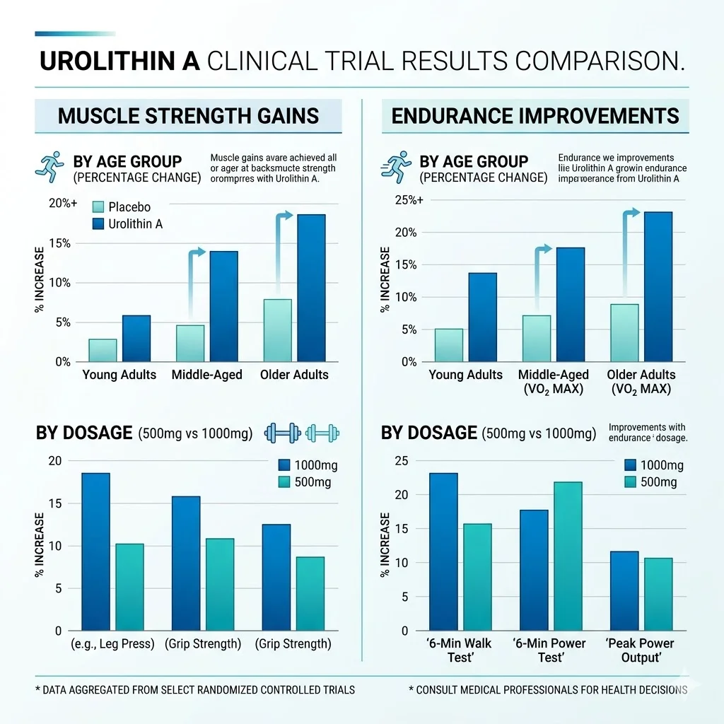 Comparison chart showing key results from the major urolithin A clinical trials across different age groups