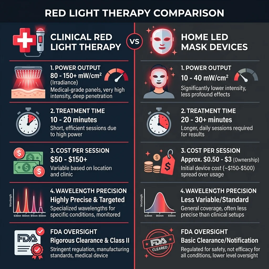Comparison infographic showing differences between clinical red light therapy panels and home LED devices