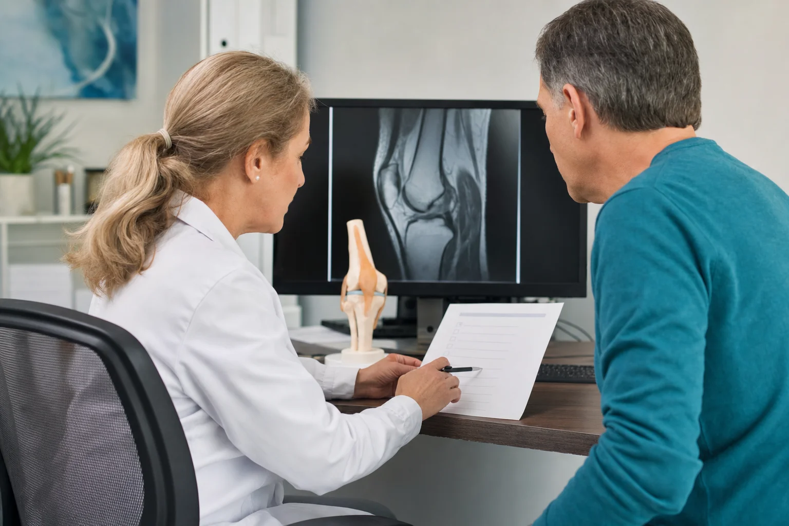 Clinician and patient reviewing knee treatment options with an evidence checklist