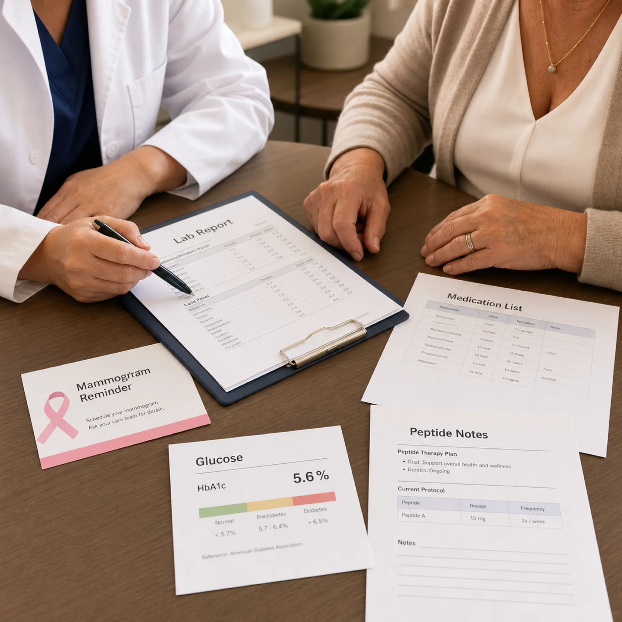Clinician and woman reviewing peptide therapy questions with lab and cancer screening notes