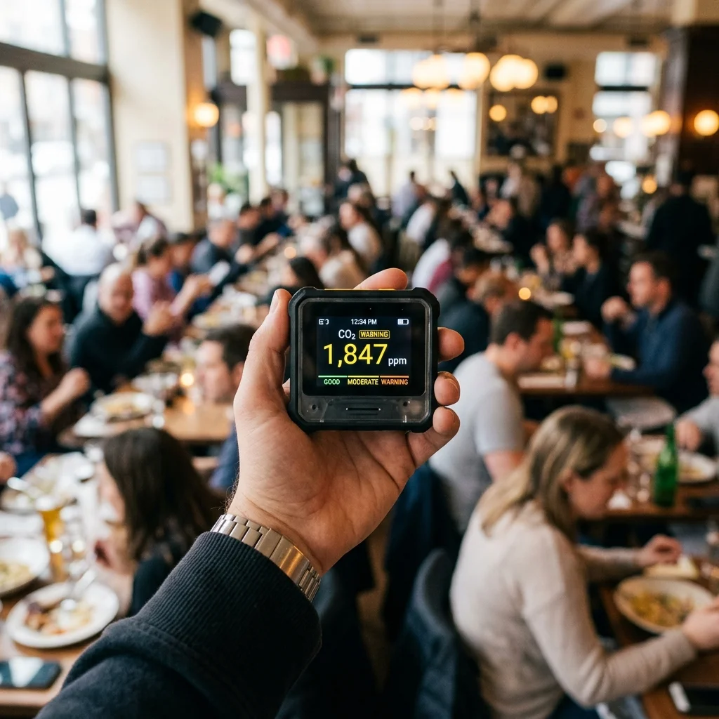 Handheld CO2 monitor showing an elevated reading of 1,847 ppm in a crowded indoor space
