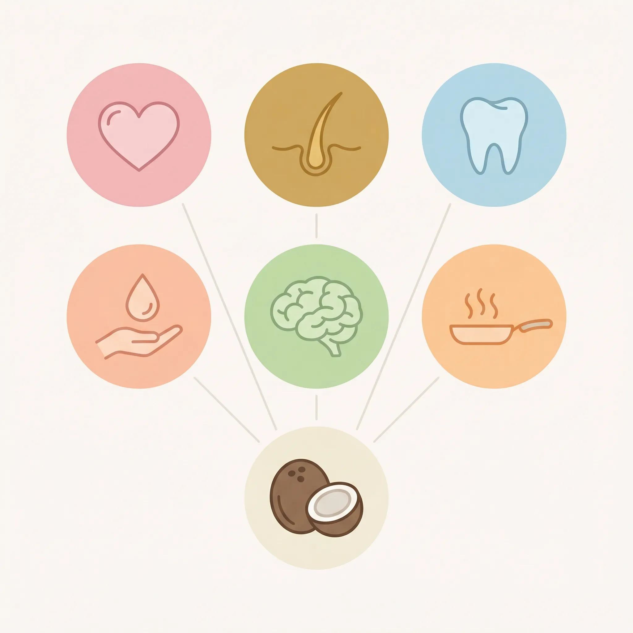 Infographic illustration showing seven evidence-based uses for coconut oil including skin moisturizing hair protection and oil pulling