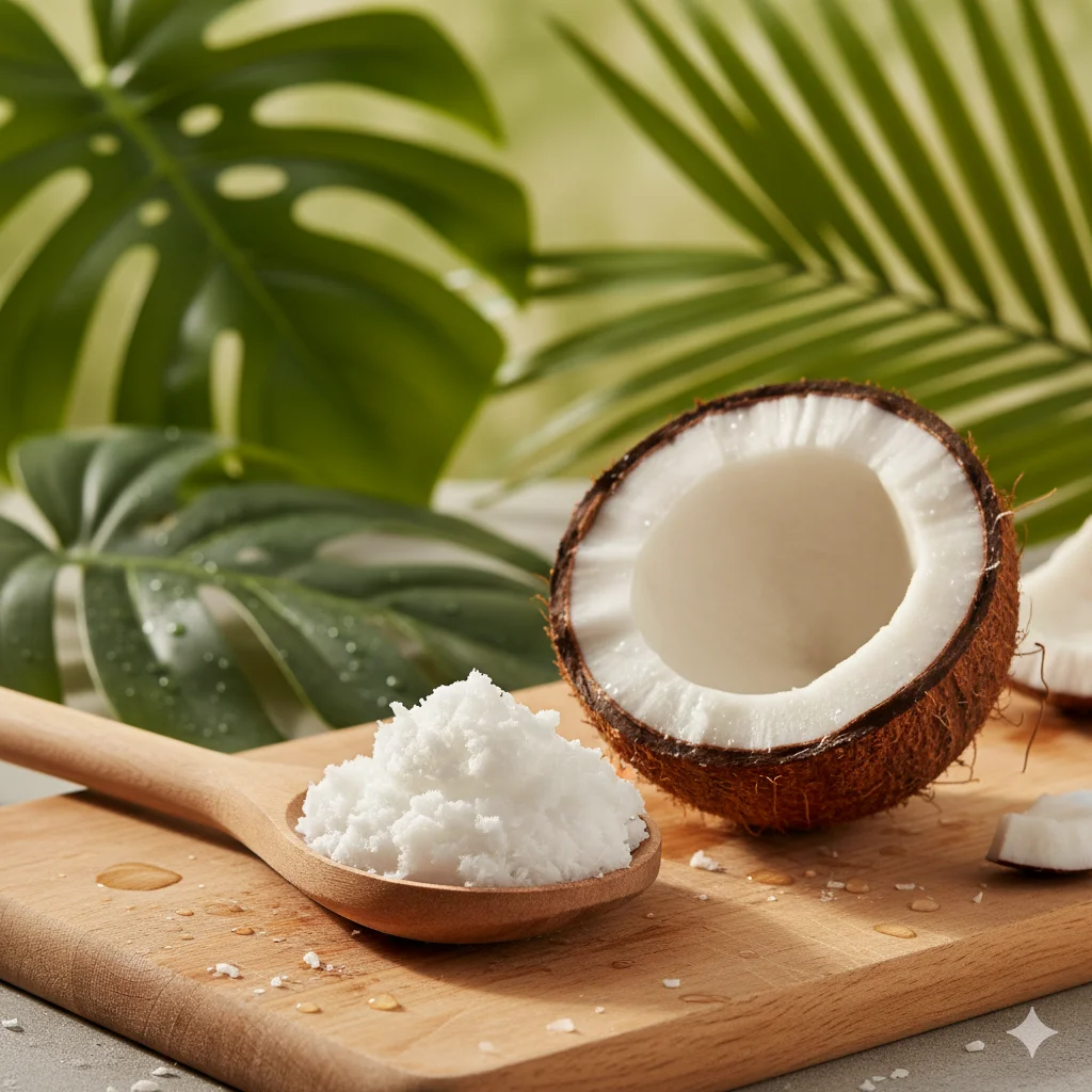 Wooden spoon holding solid coconut oil next to a halved coconut on a natural surface