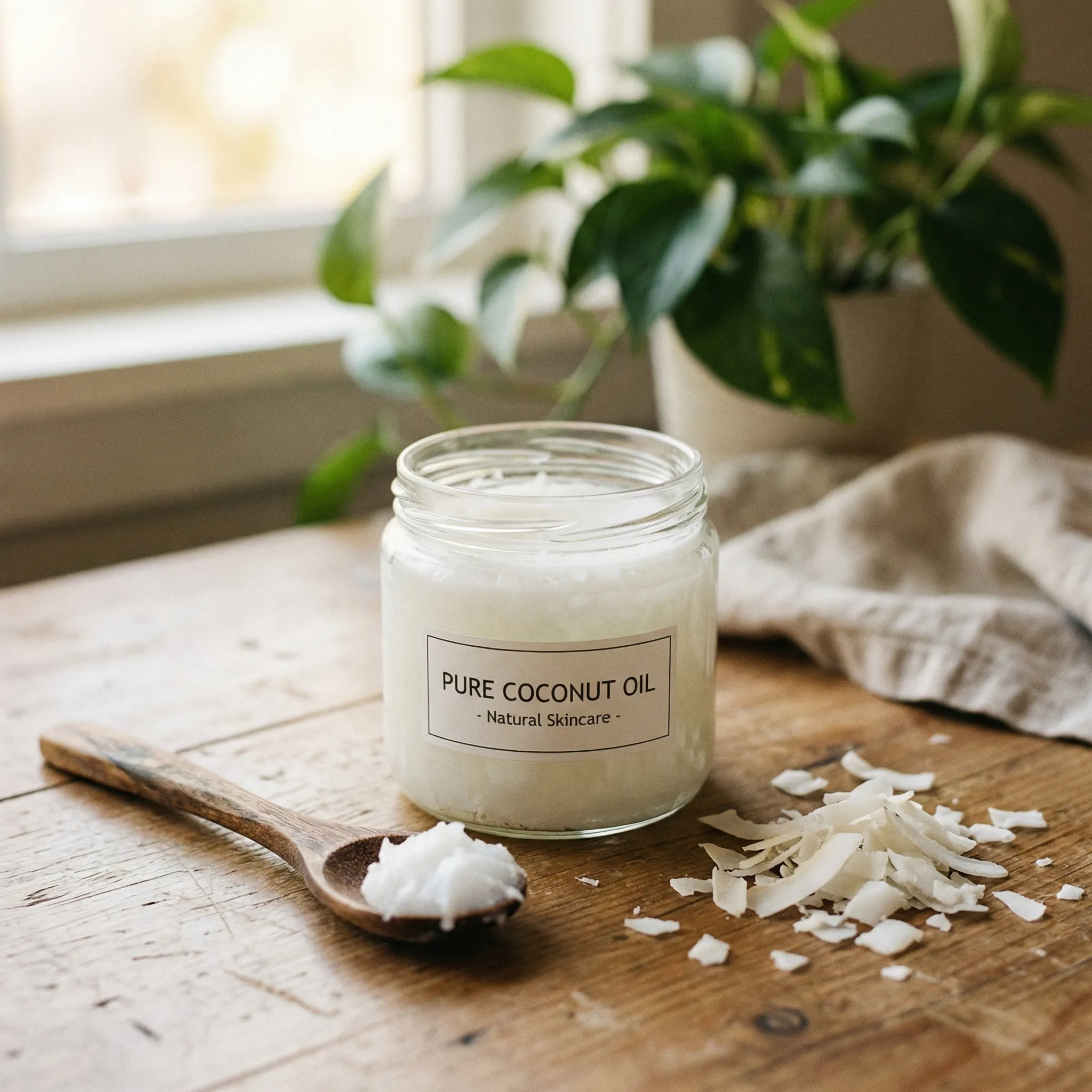 Open jar of solid white coconut oil with a wooden spoon resting on the surface beside fresh coconut shavings