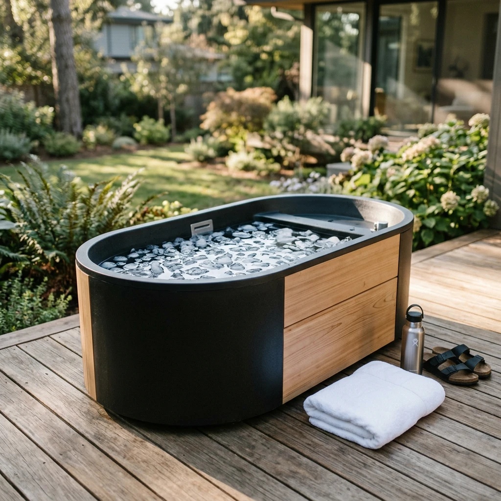 Modern home cold plunge tub filled with ice water on a wooden deck