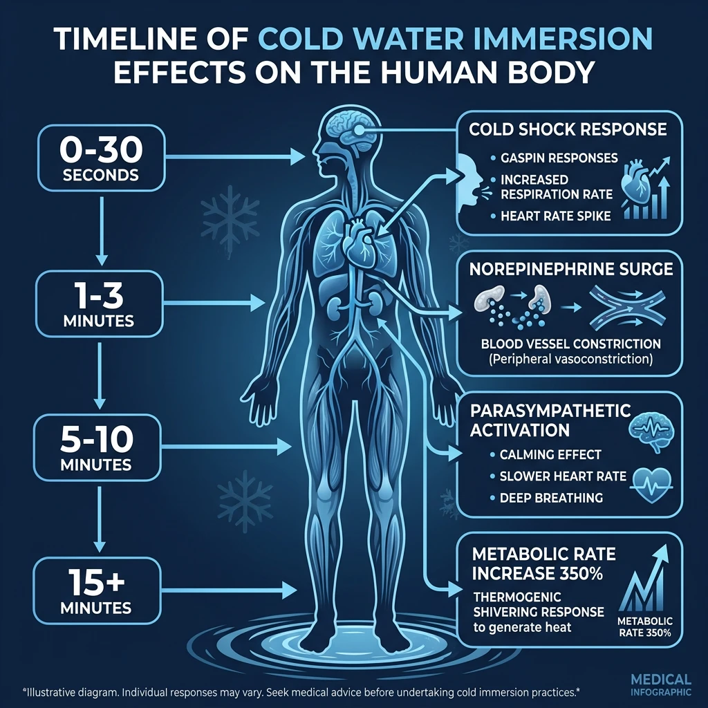 Infographic showing the timeline of physiological changes during cold water immersion from 0 to 15 minutes