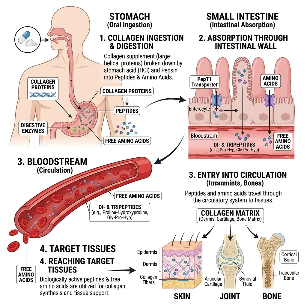 Scientific illustration of collagen peptide digestion from stomach through intestinal absorption into bloodstream