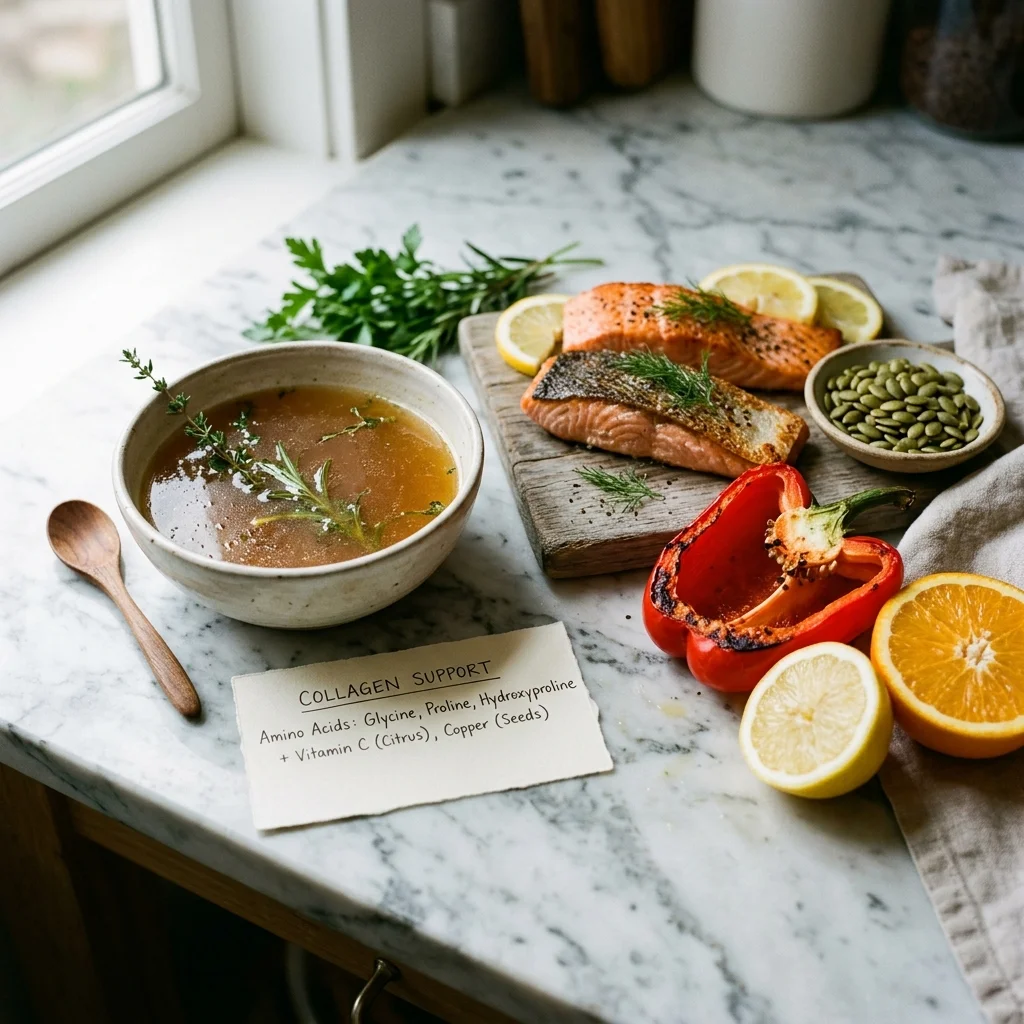 Collagen-supportive foods with glycine proline hydroxyproline vitamin C and copper notes