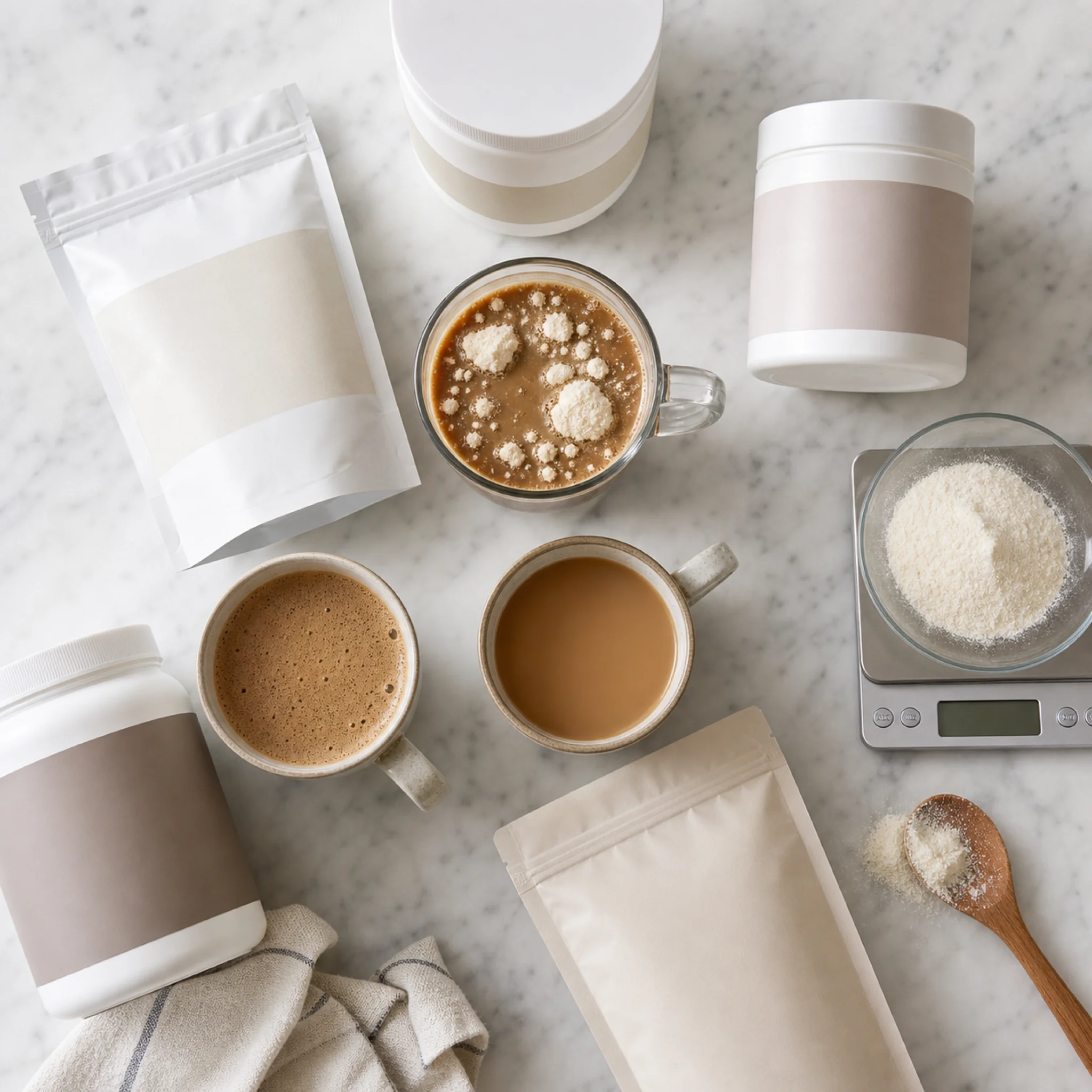 Comparison of different collagen peptide powders showing varying dissolution quality in coffee
