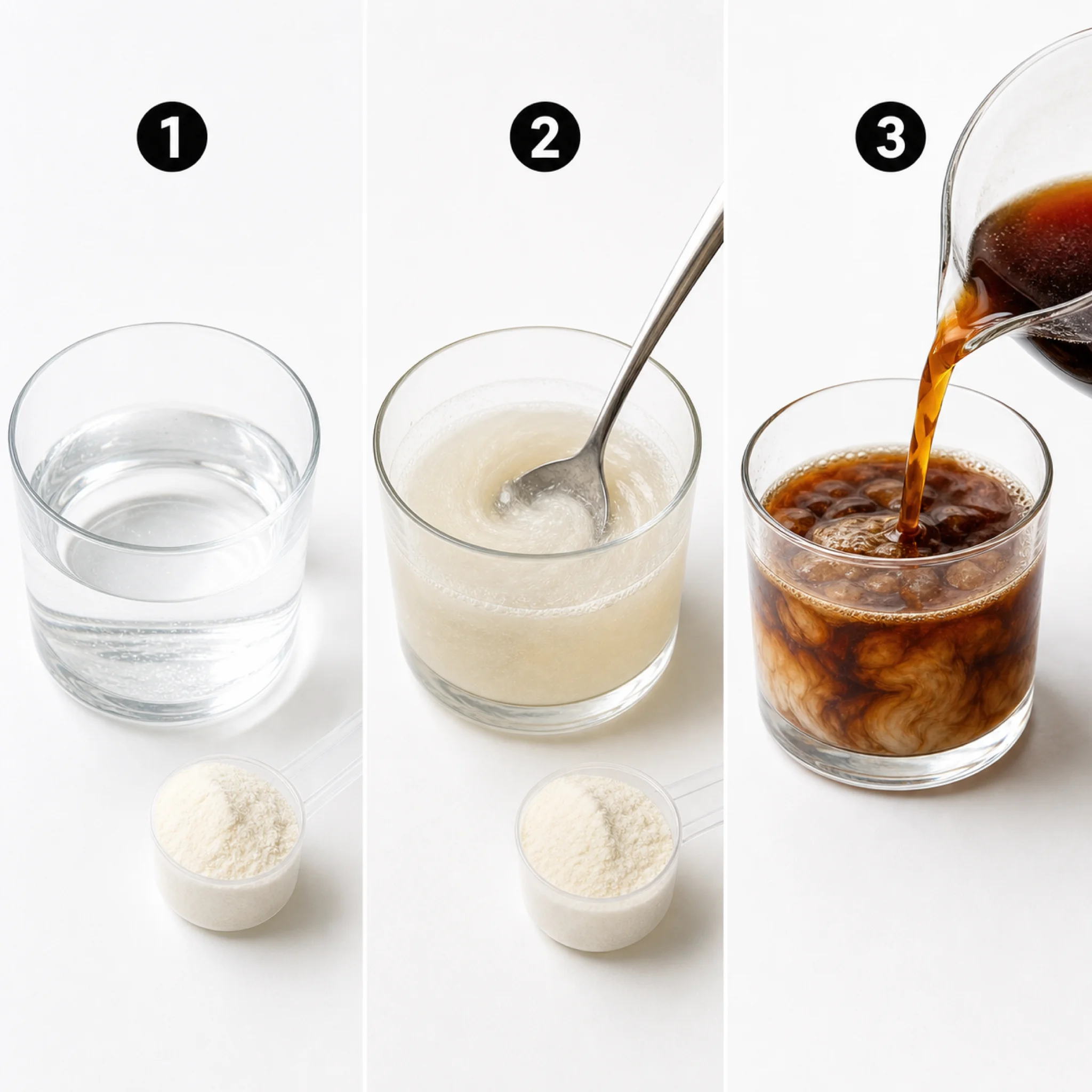 Step-by-step guide showing the warm water pre-dissolve technique for mixing collagen into cold brew coffee