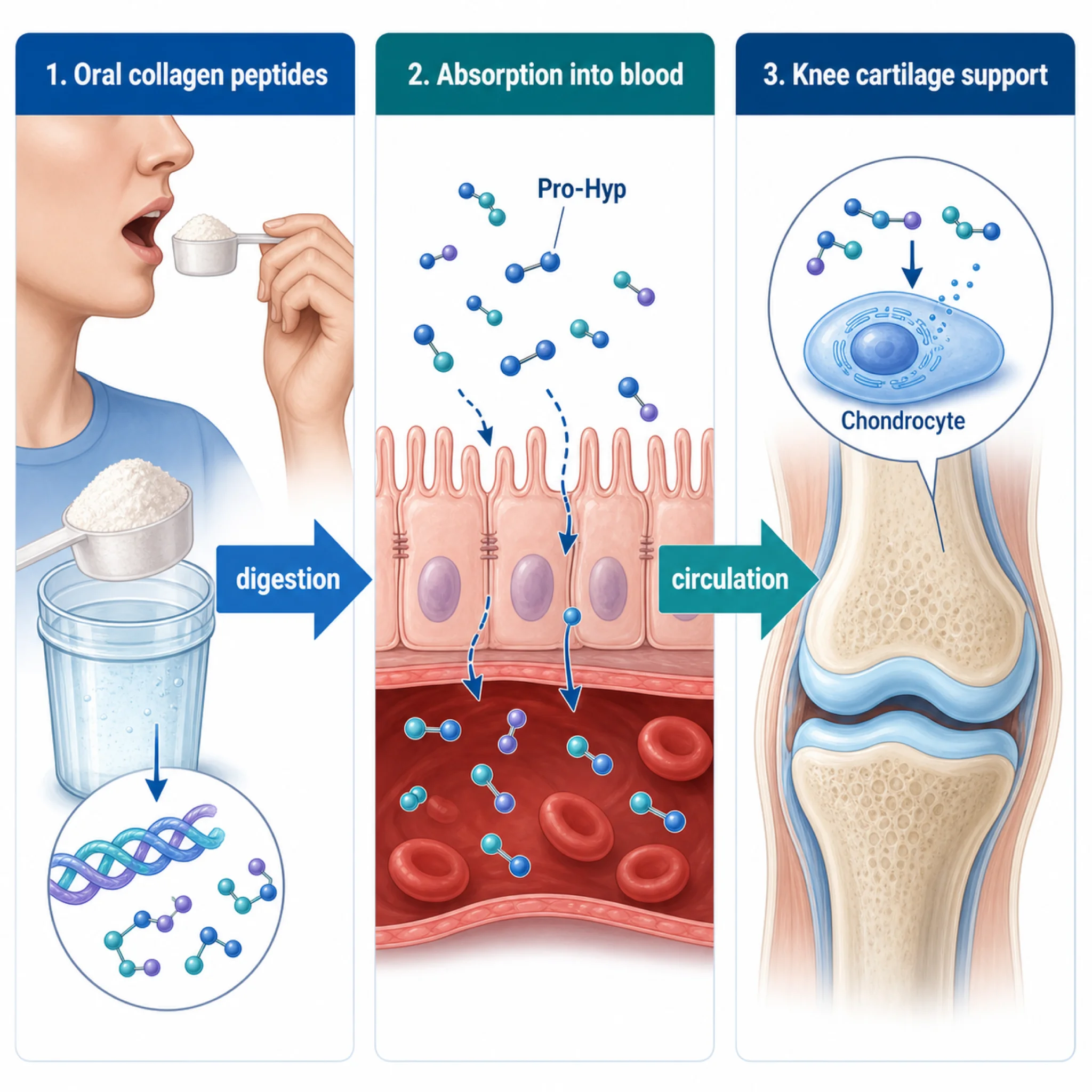 Infographic illustrating how hydrolyzed collagen peptides travel from ingestion through absorption to cartilage accumulation in the knee