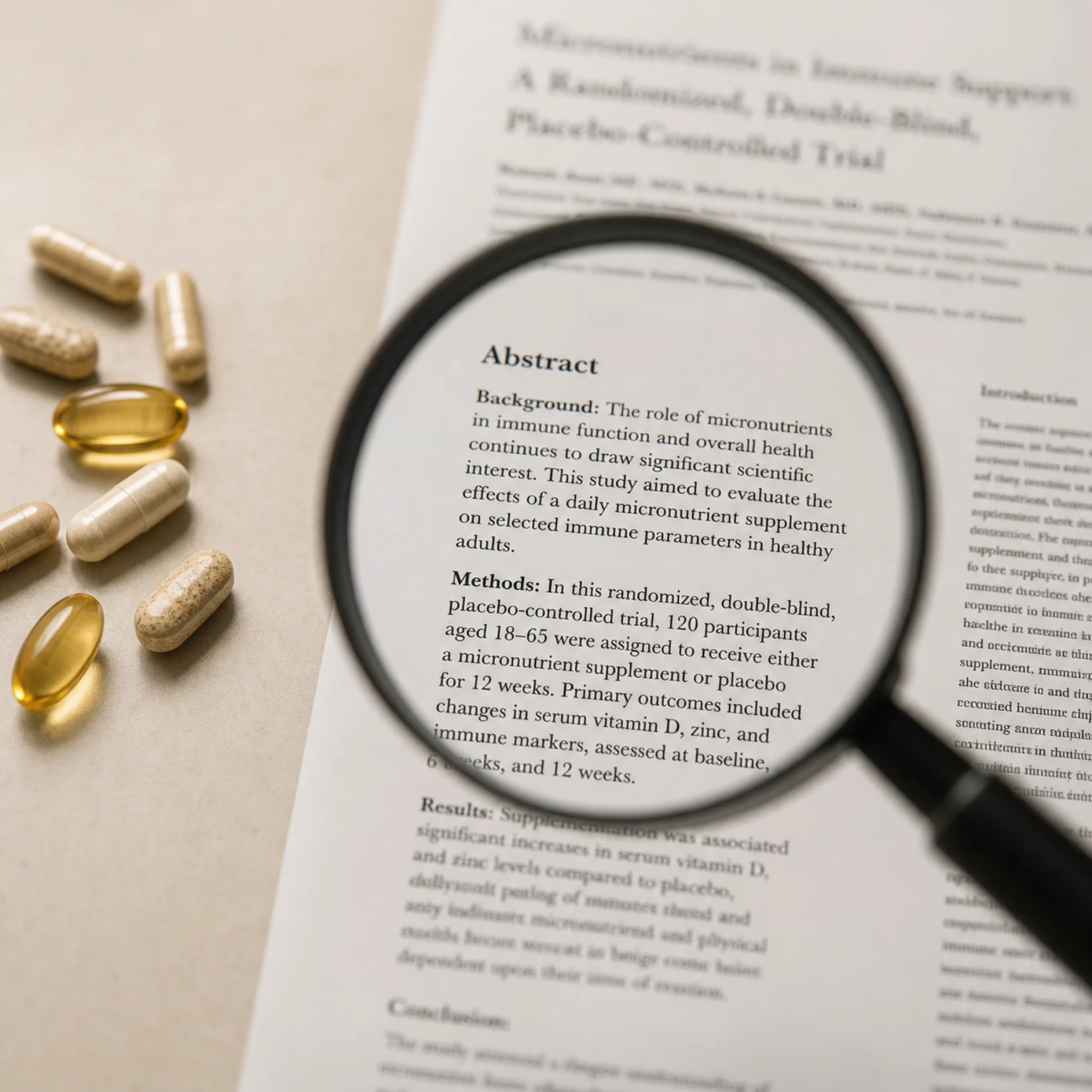 Scientific research paper under scrutiny alongside collagen supplement capsules