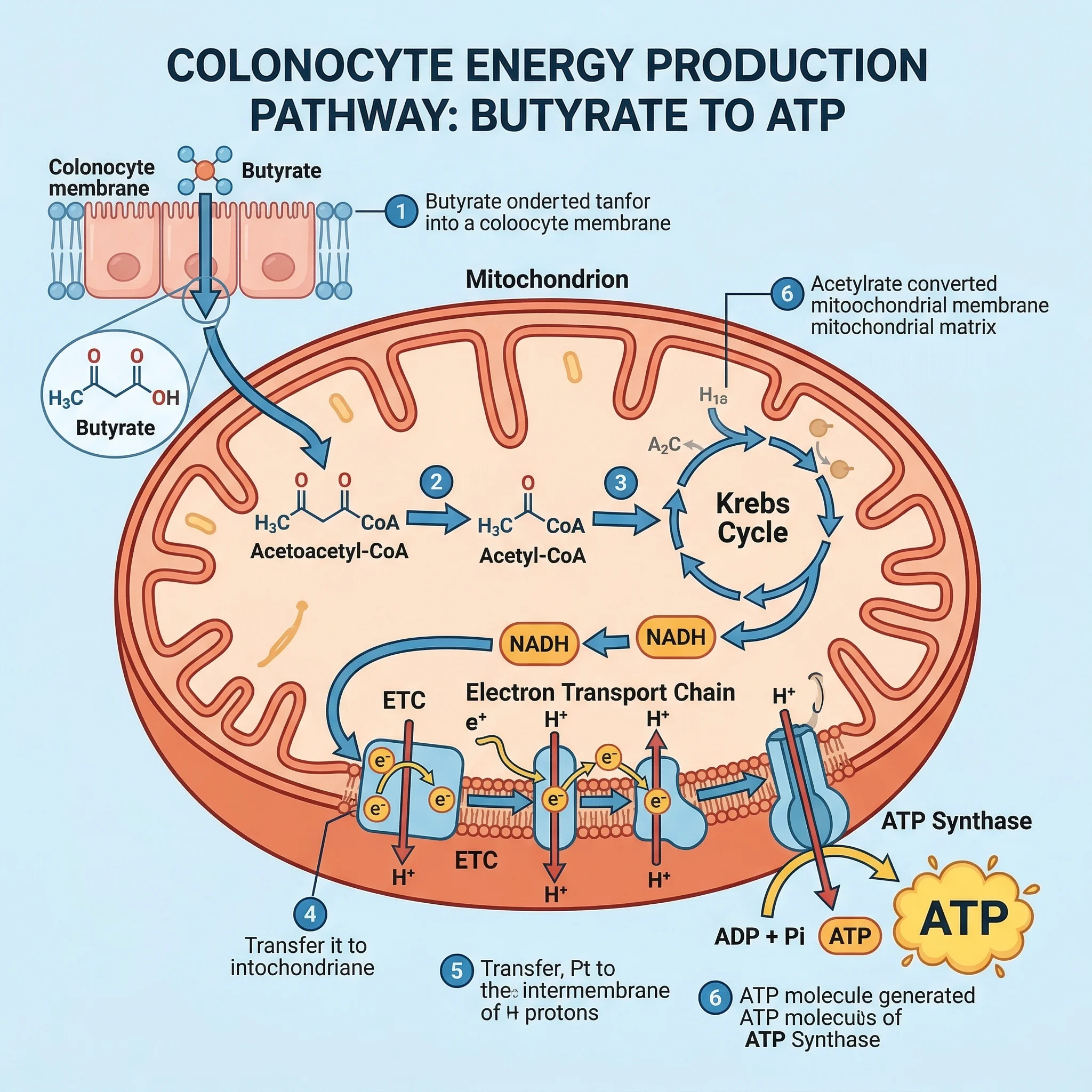 Diagram showing butyrate entering colonocyte mitochondria and being converted through the Krebs cycle to produce ATP