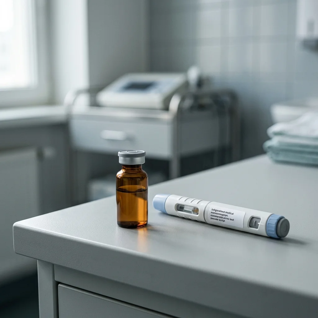 A compounded multi-use vial photographed beside a labeled commercial single-dose pen, illustrating the regulatory and quality differences between FDA-approved drugs and compounded substitutes.