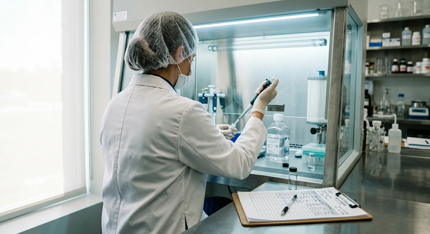 A compounding pharmacist photographed from behind working at a laminar flow hood, evoking the 503A compounding setting at the heart of the BPC-157 review