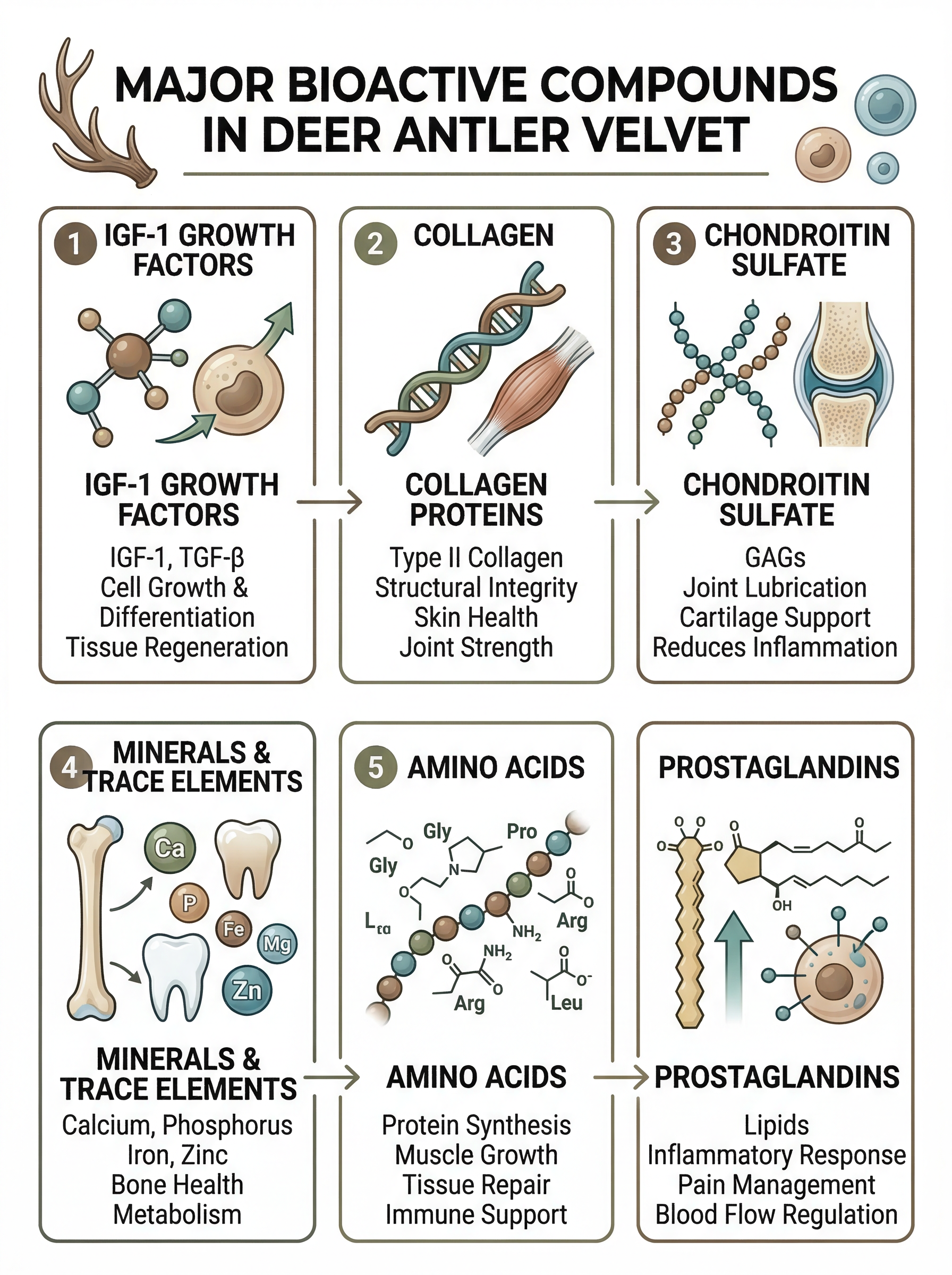 Infographic illustrating the major bioactive compound categories found in deer antler velvet tissue