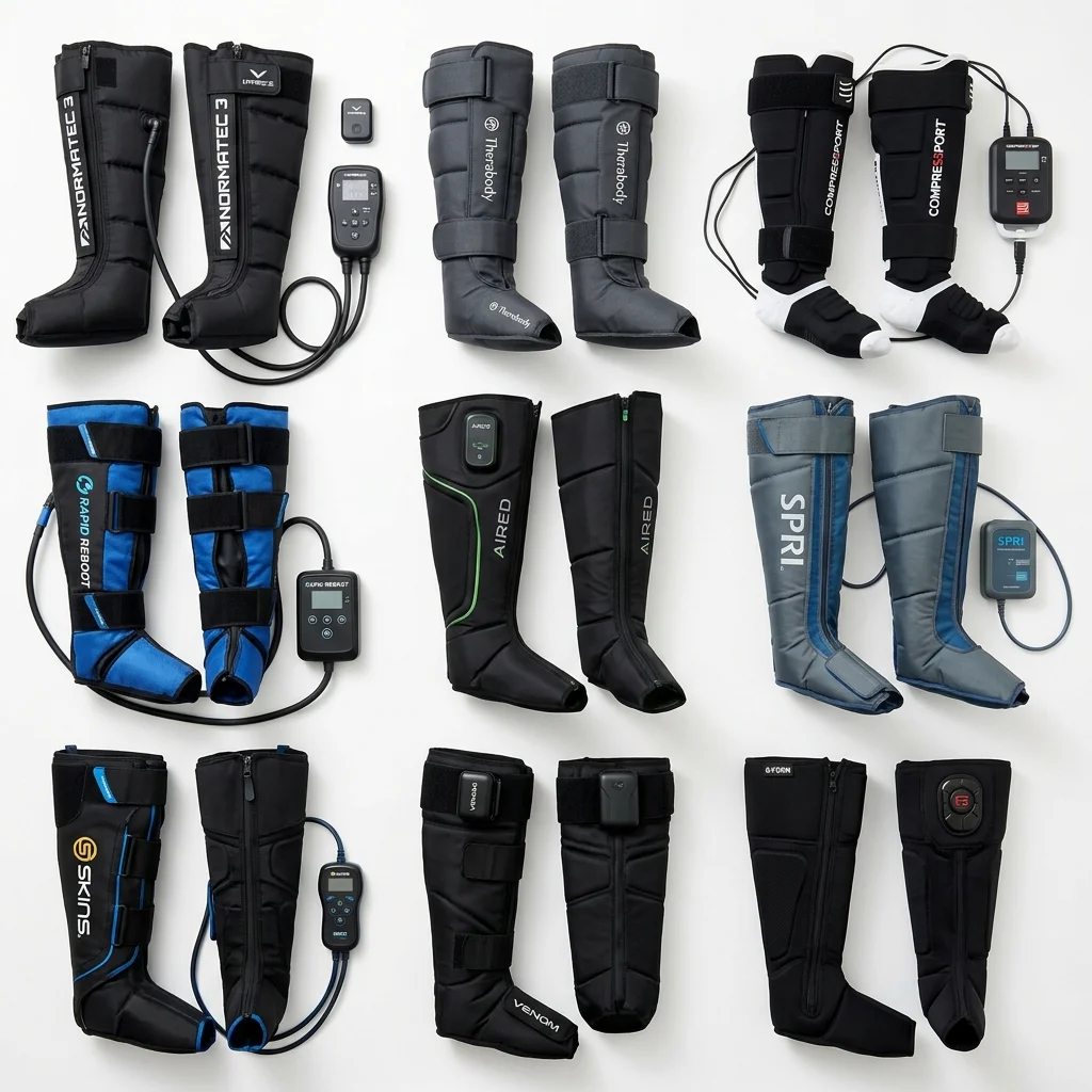 Comparison of multiple compression boot models arranged for side-by-side comparison