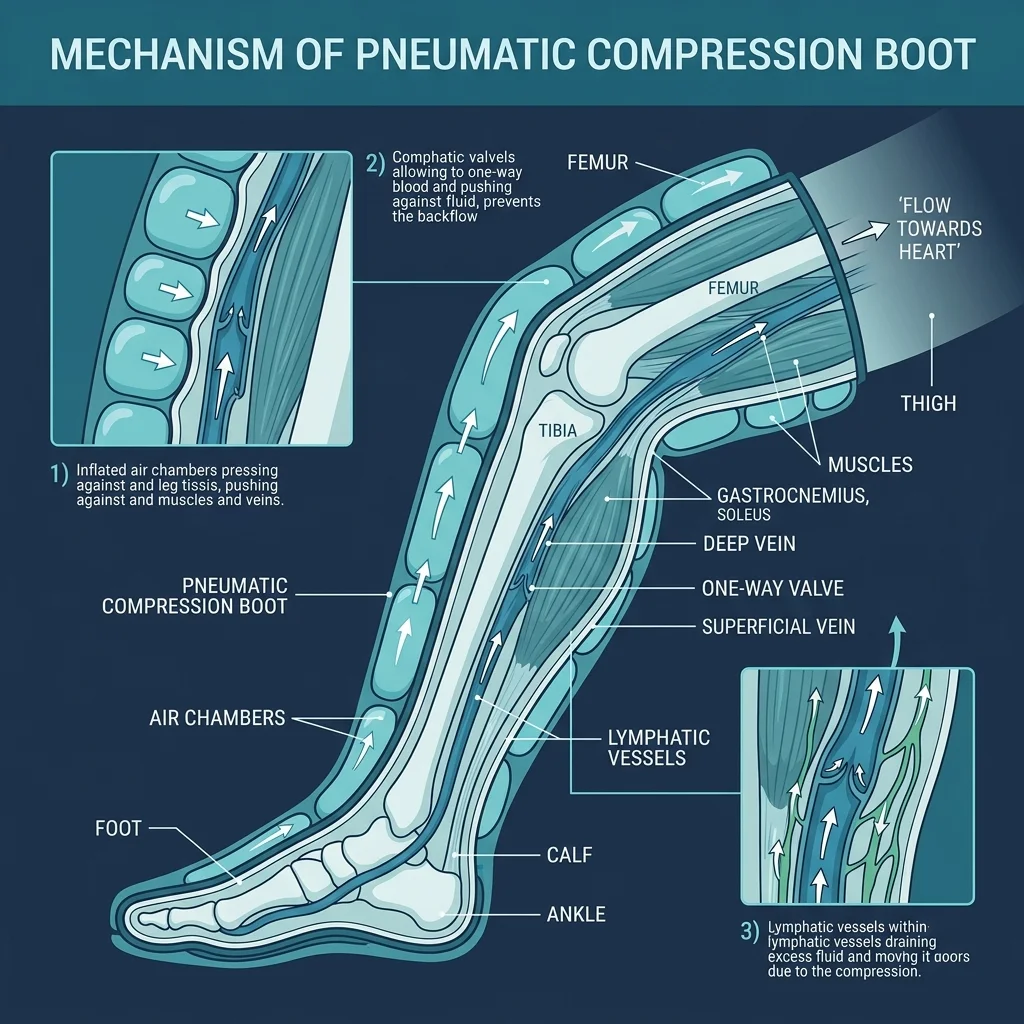 Infographic showing how pneumatic compression boots push blood and lymph fluid upward through one-way valves in leg veins