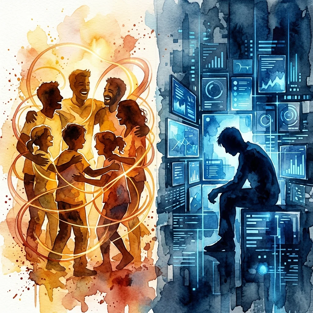 Visual contrast between warm human social connection and cold digital isolation