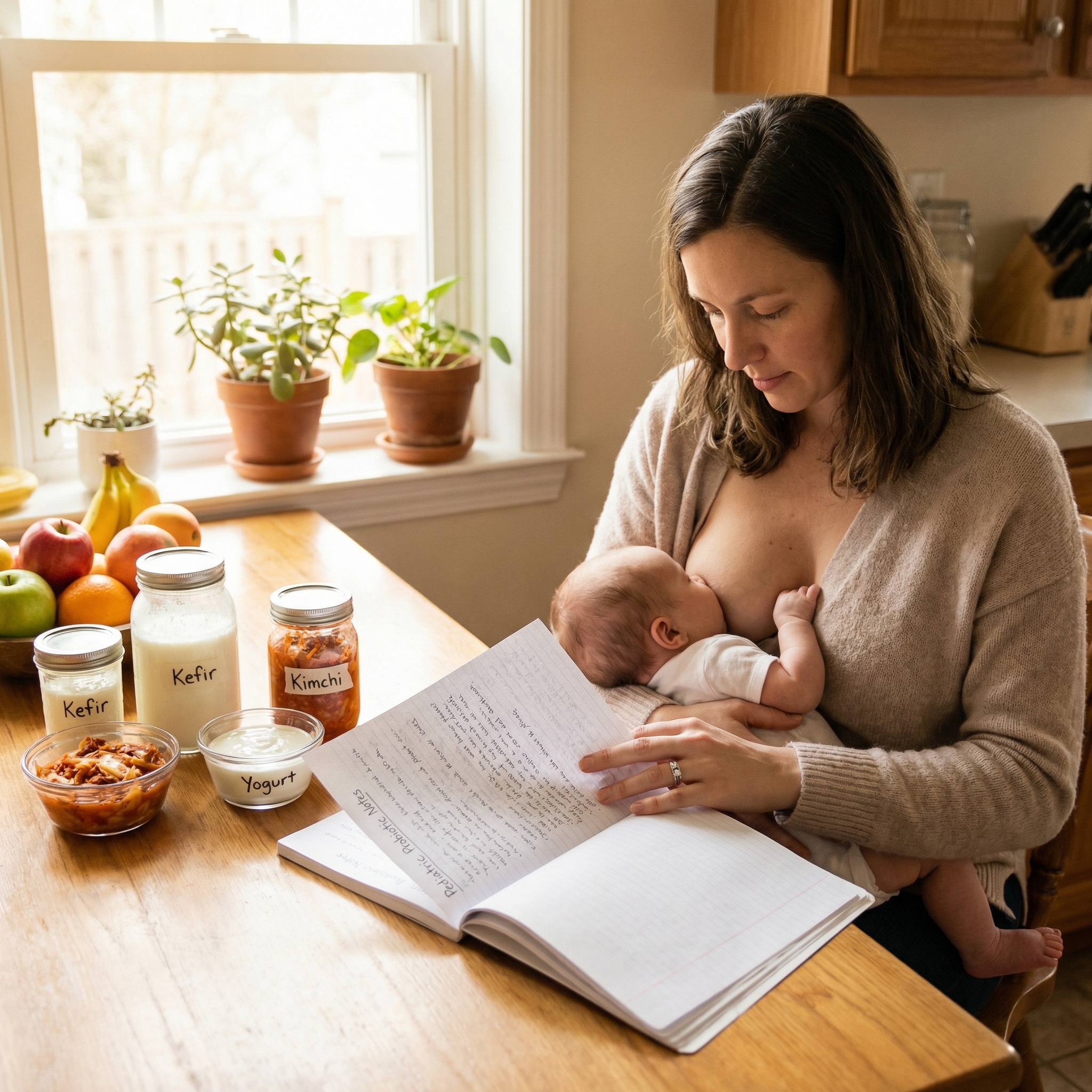 Mother breastfeeding while reviewing infant feeding notes and probiotic guidance in a calm home setting