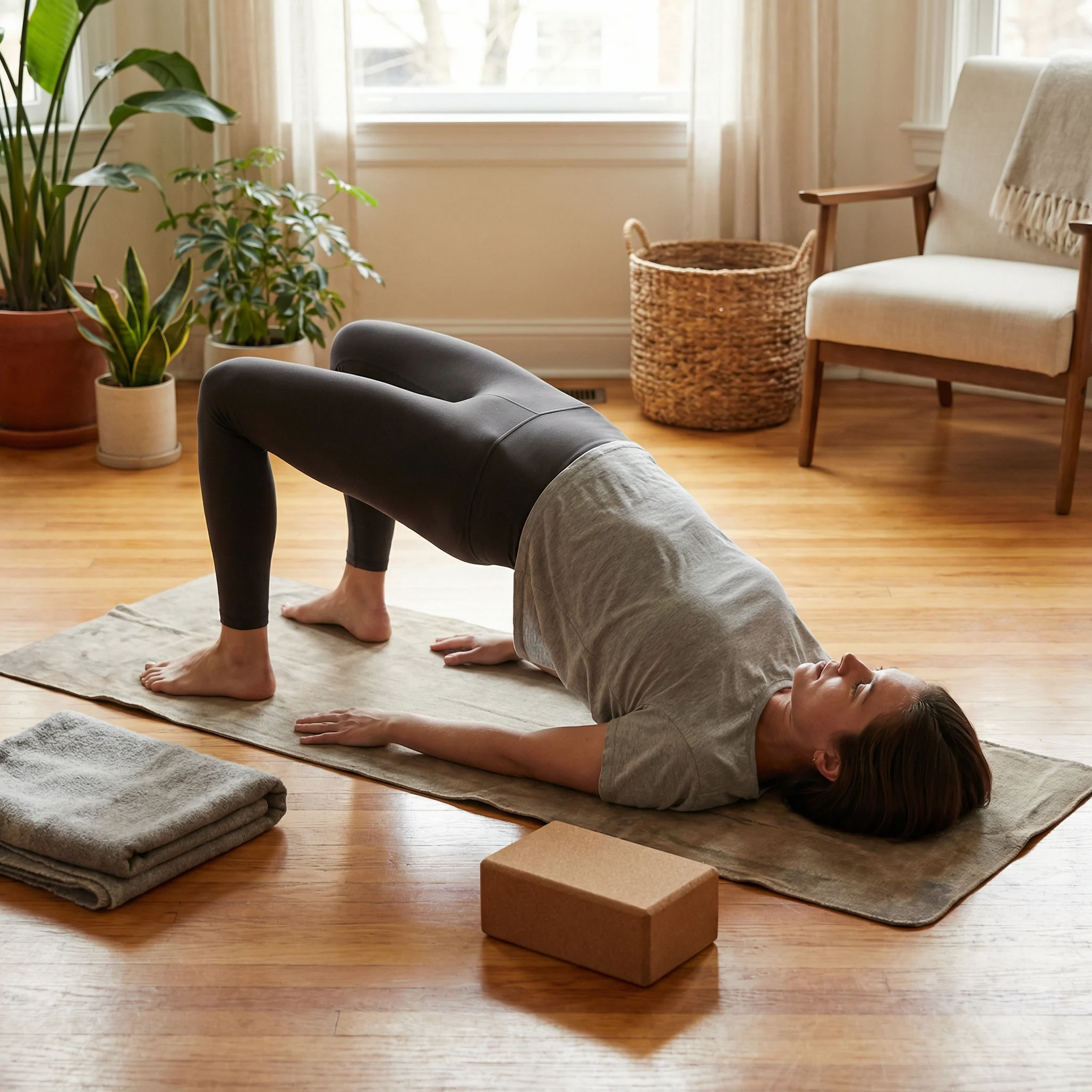 Beginner practicing bridge pose on a yoga mat at home with yoga blocks and a folded blanket nearby