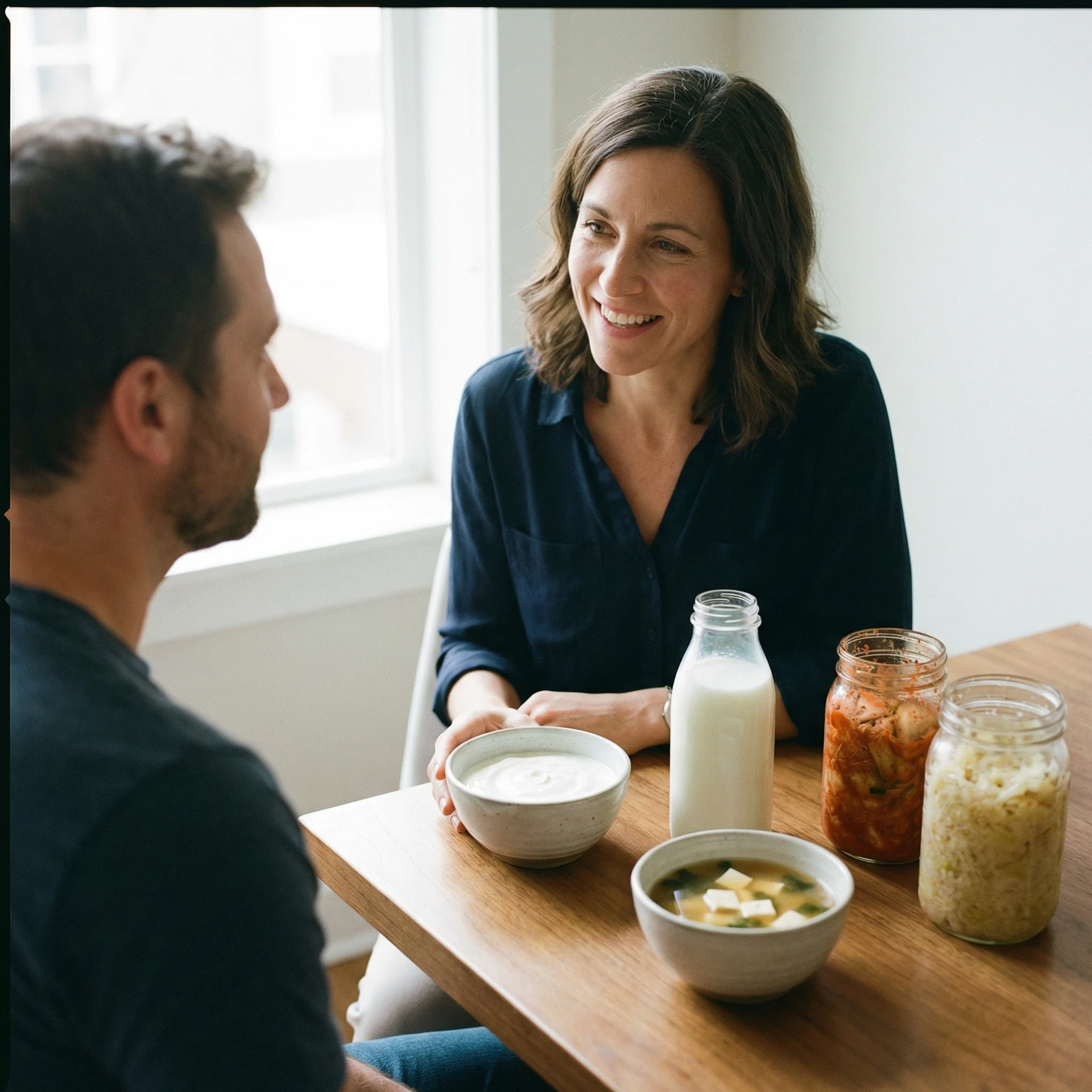 Dietitian discussing probiotic food options with an adult patient during a gut-health consultation