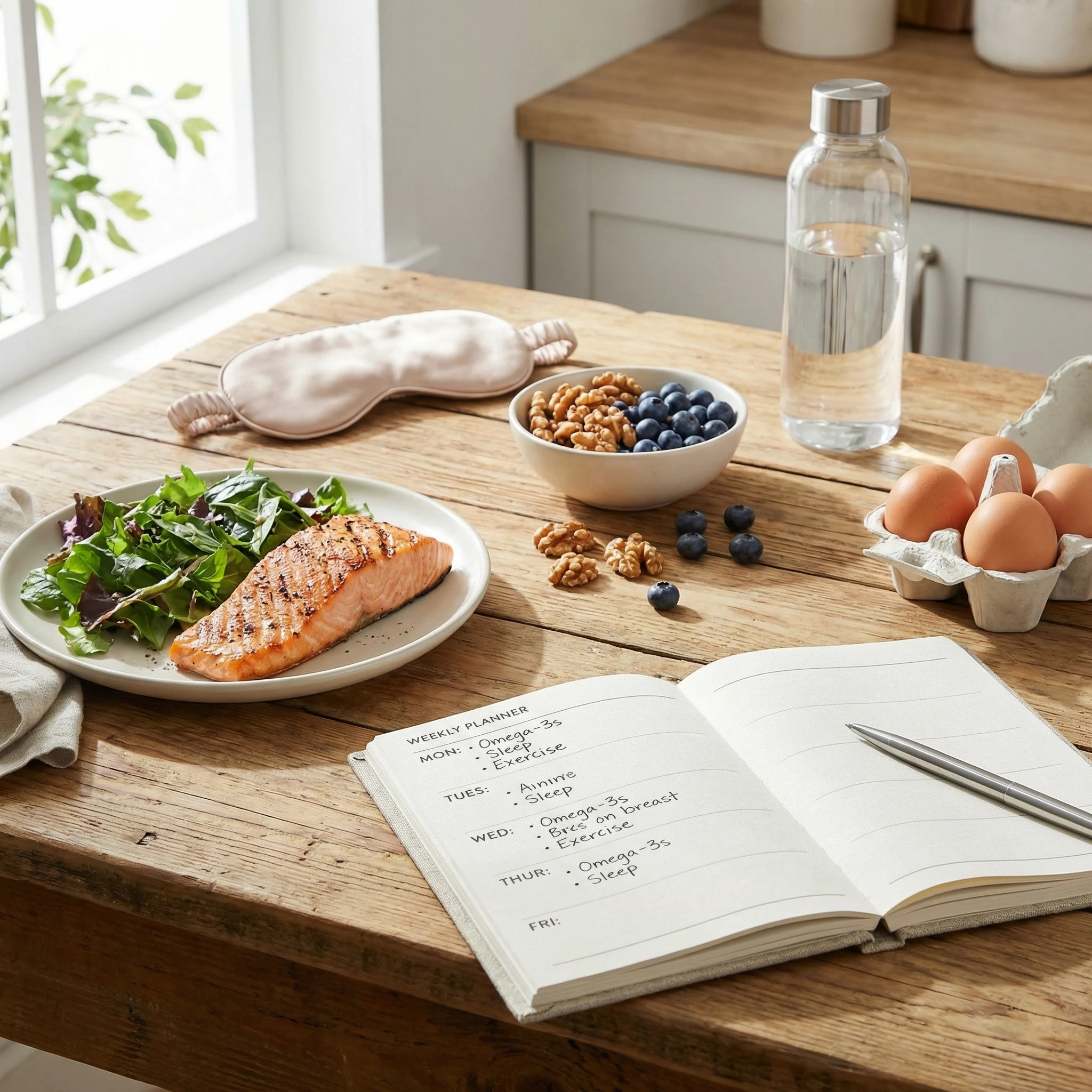 Brain-health lifestyle setup with salmon, eggs, leafy greens, walnuts, blueberries, water, sleep mask, and weekly planner