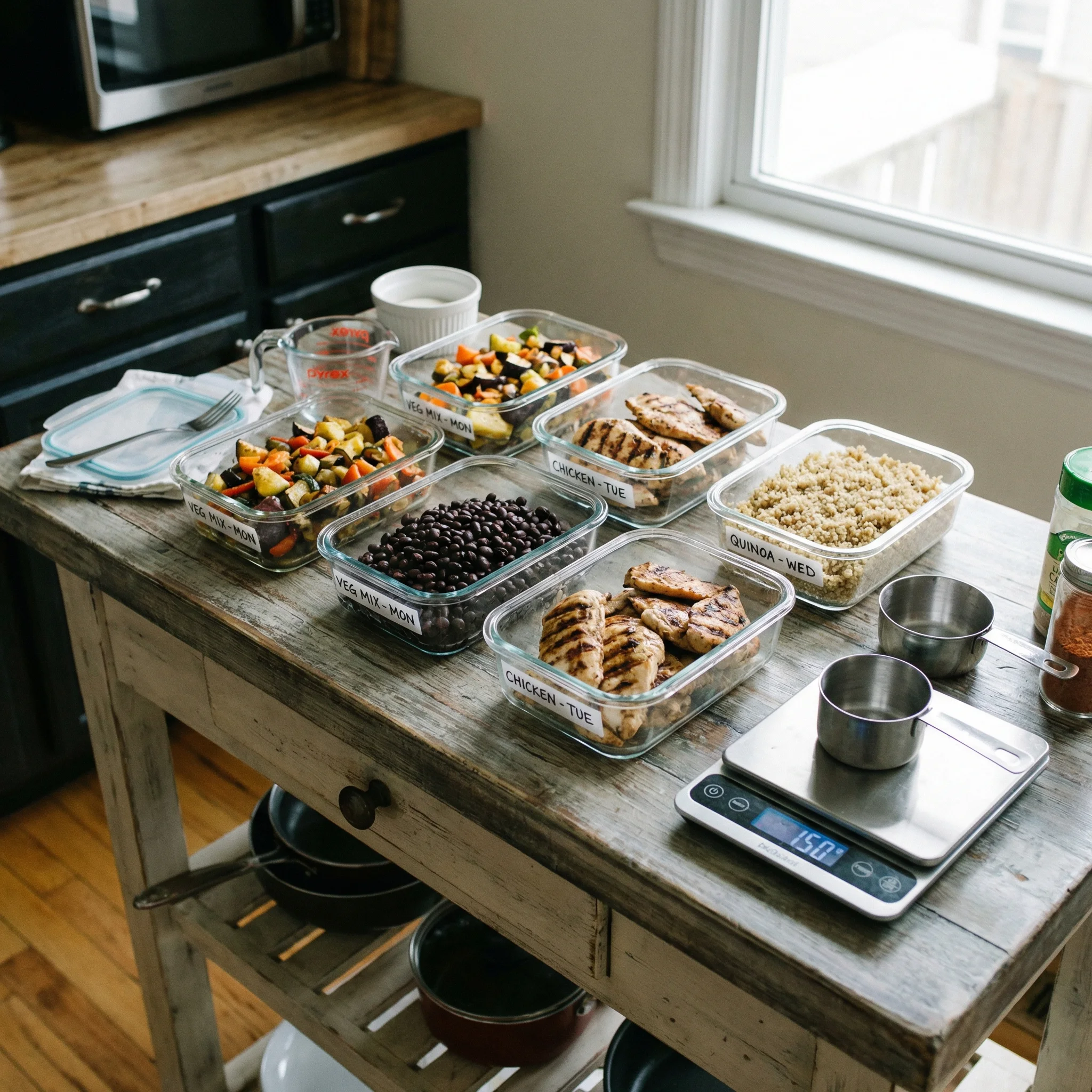Weekly meal prep containers with vegetables, quinoa, legumes, and lean proteins arranged beside a digital kitchen scale