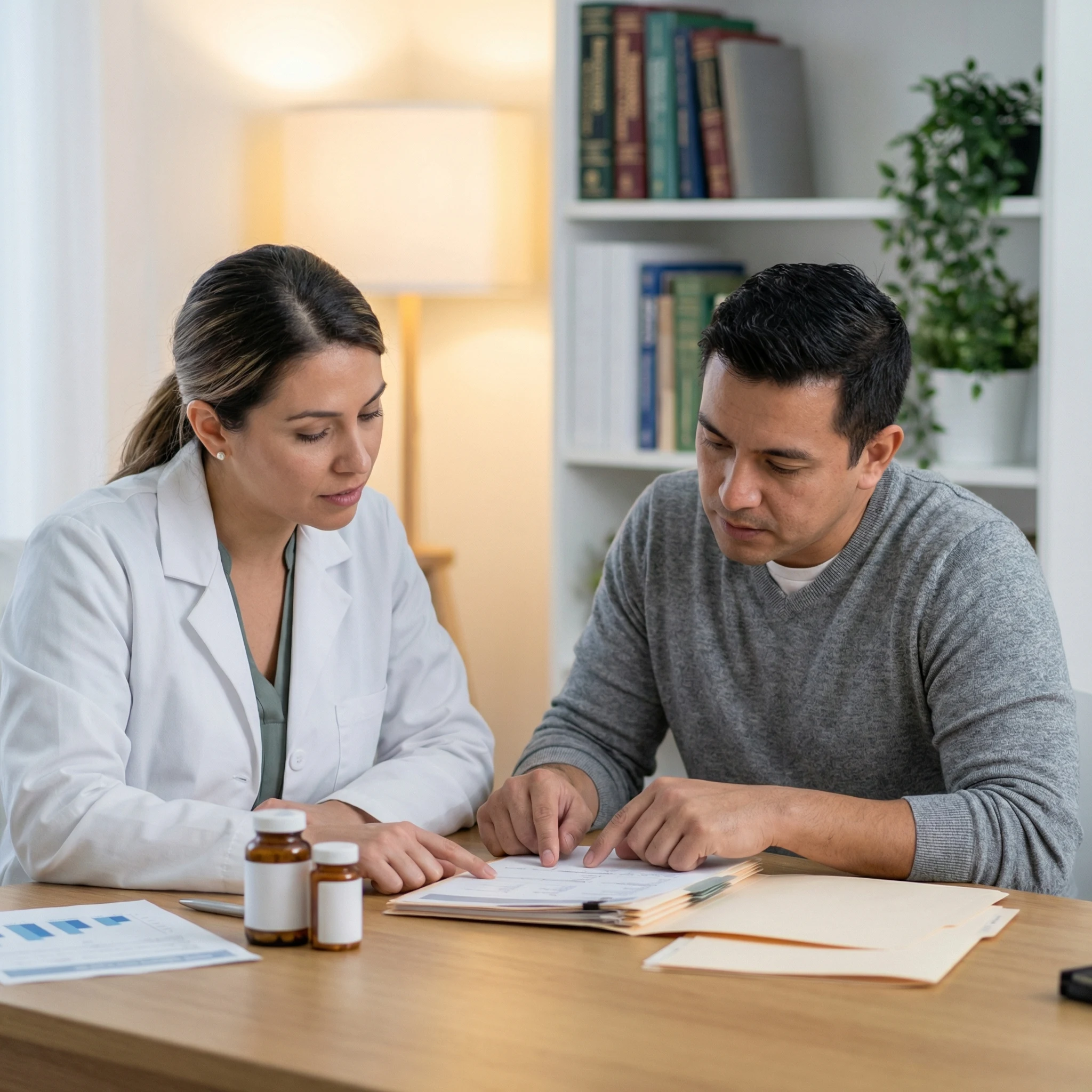 Dietitian discussing supplement labels and lab paperwork with an adult patient during a safety-focused consultation