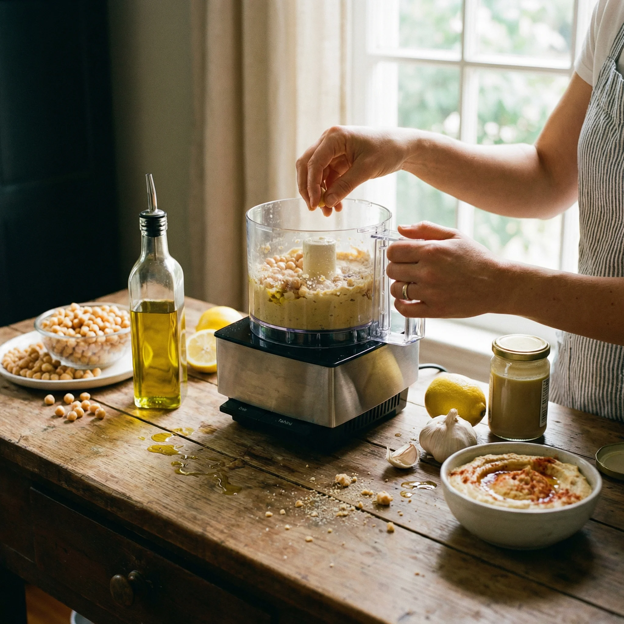 Home cook blending chickpeas, tahini, and lemon in a food processor to make hummus