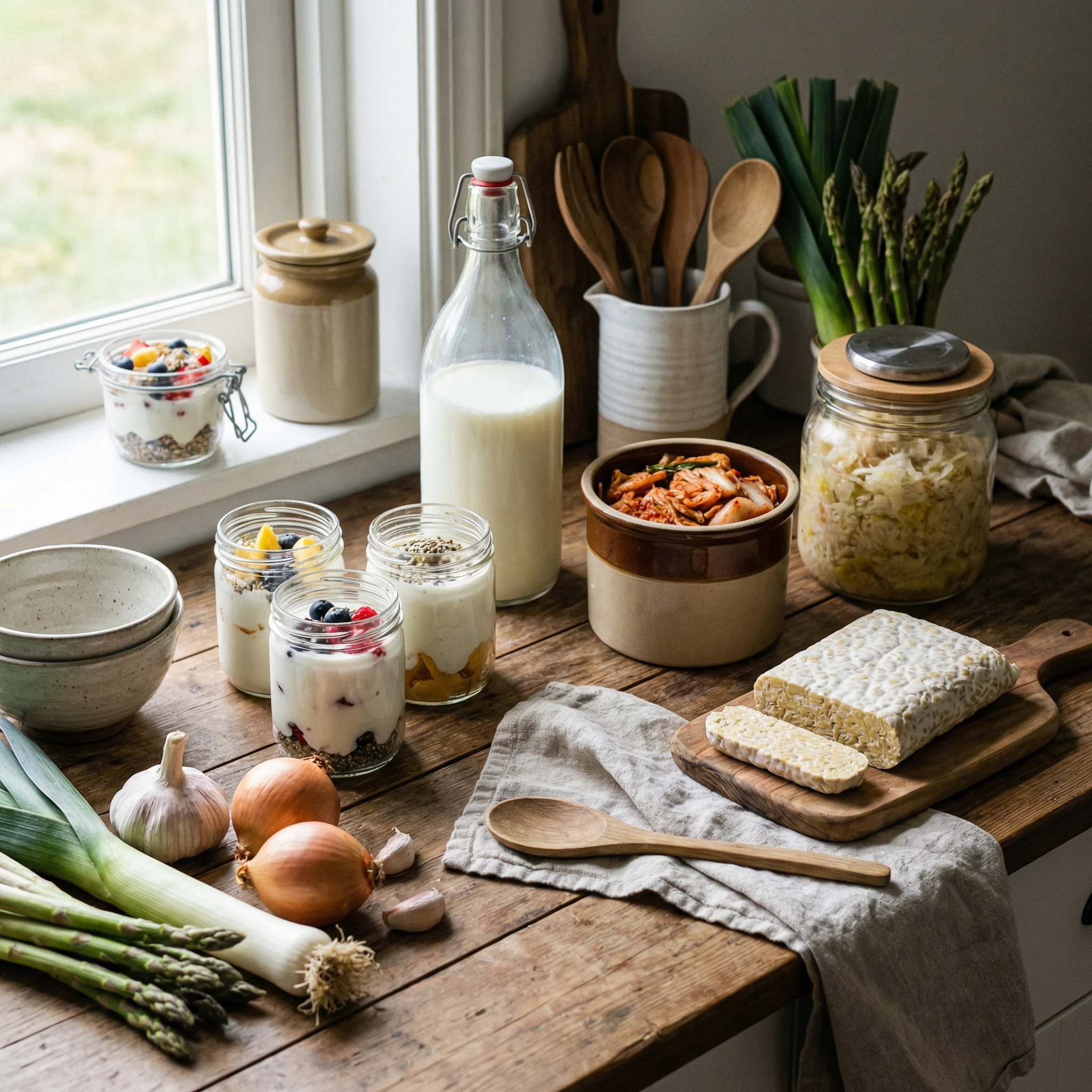Weekly meal prep with fermented foods such as yogurt, kefir, kimchi, and sauerkraut arranged with high-fiber vegetables