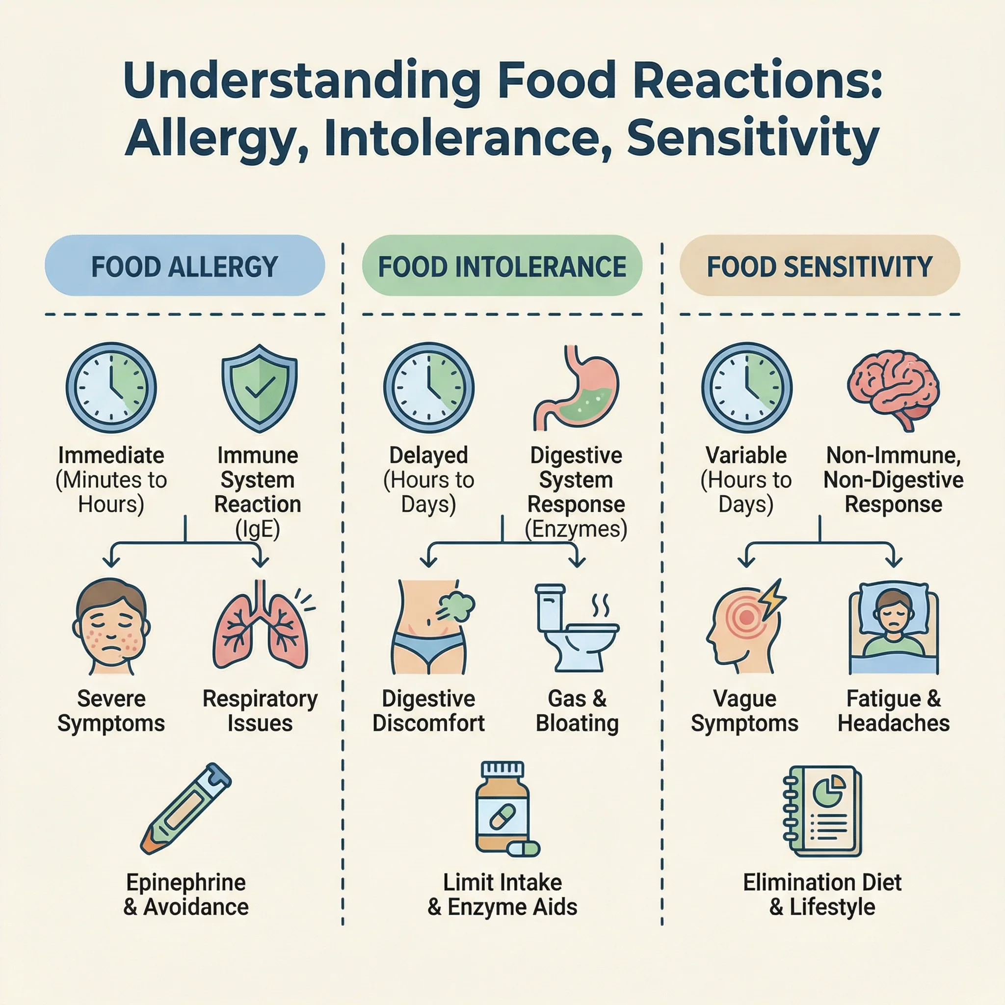 Infographic comparing immune food allergy, digestive intolerance, and broader food sensitivity patterns with management steps.