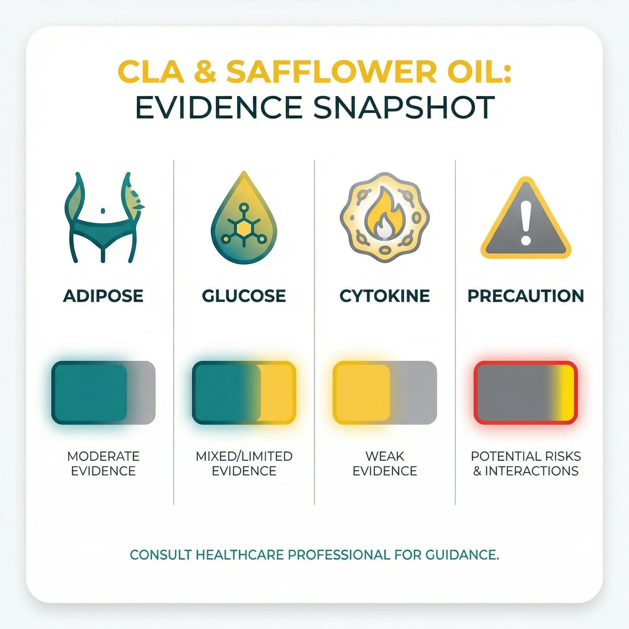 Infographic summarizing CLA safflower oil evidence, realistic fat-loss expectations, possible side effects, and medical caution groups