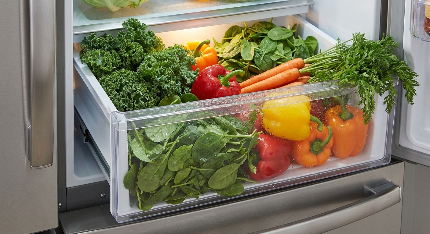 A crisper drawer overflowing with fresh, washed, and vibrant leafy greens and colorful peppers, ready to eat.