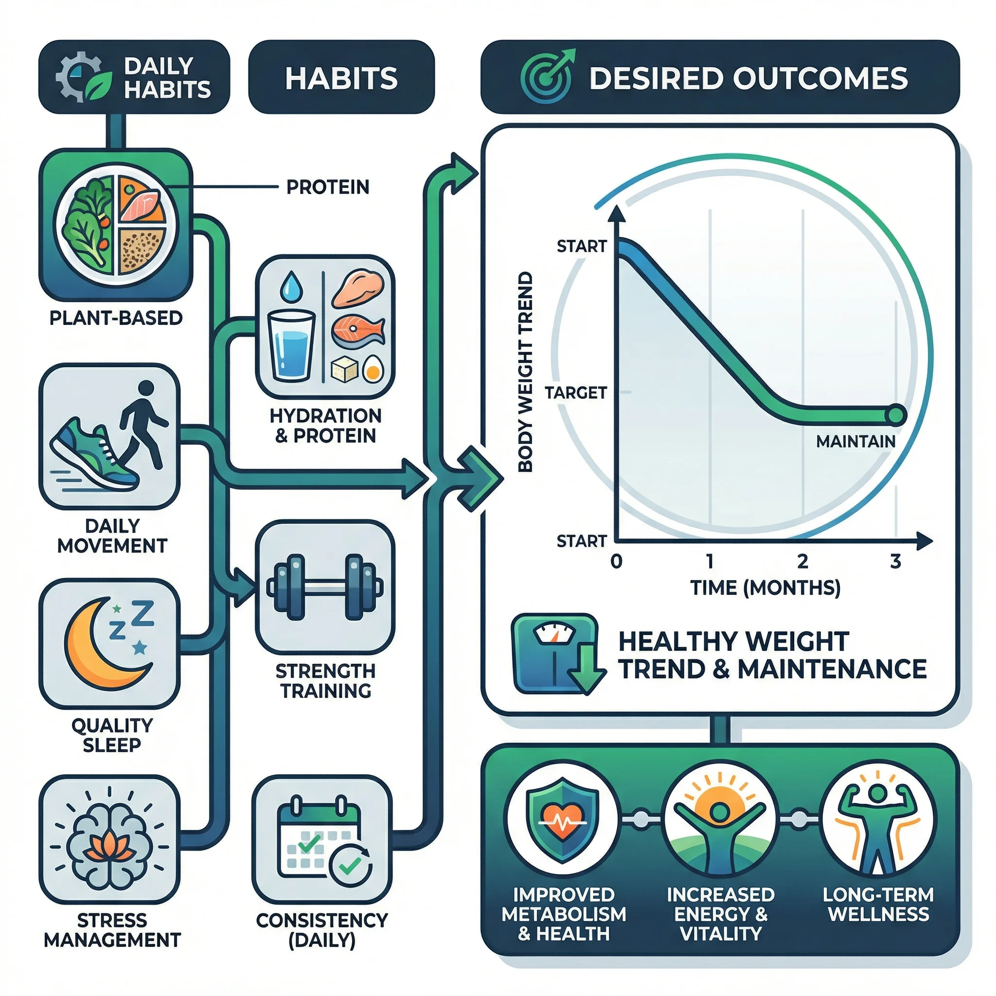 Infographic with icons for plate quality, hydration, strength training, sleep, stress control, and weekly progress tracking