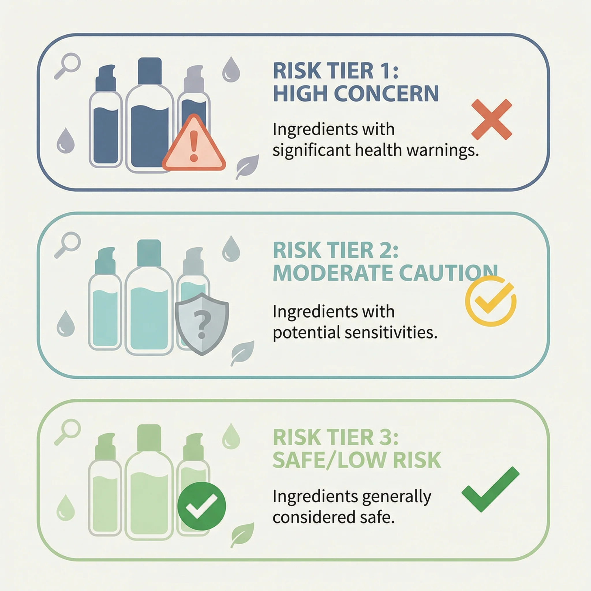 Infographic showing cosmetic ingredient risk tiers and safer selection strategy