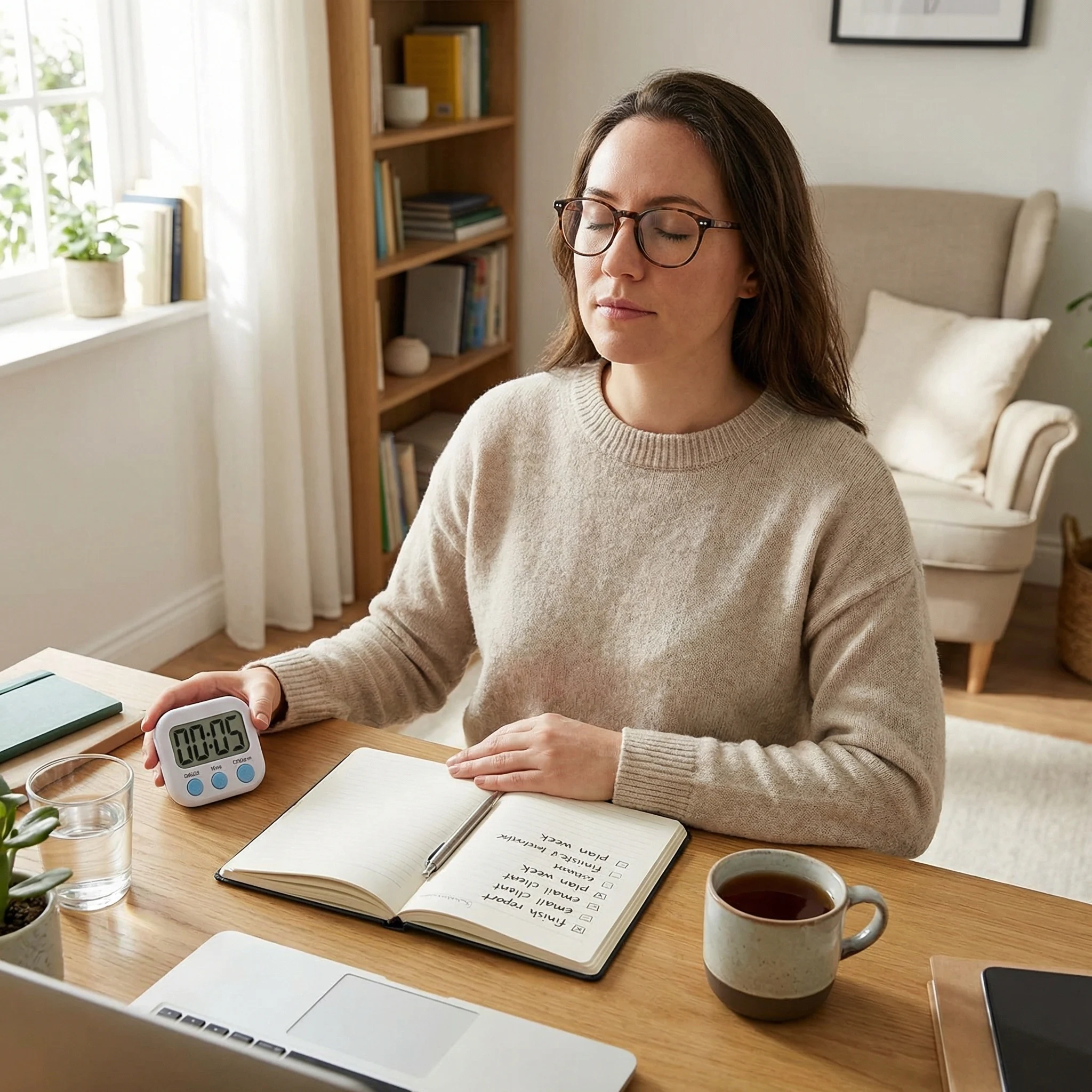 Adult using a timer and written task list during focused desk work with tea and water nearby