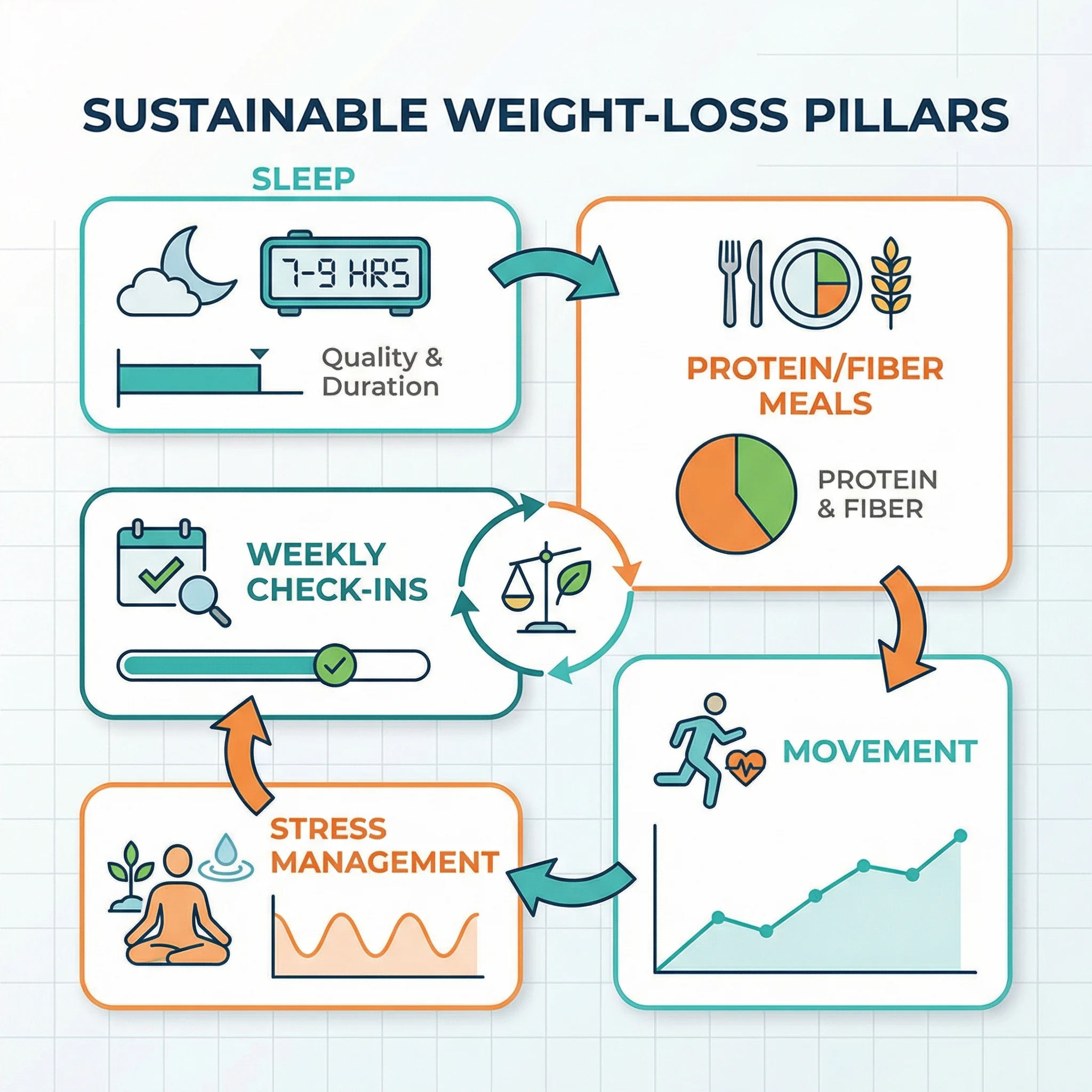 Infographic illustrating sustainable weight-loss pillars: nutrition, activity, sleep, stress management, and weekly review