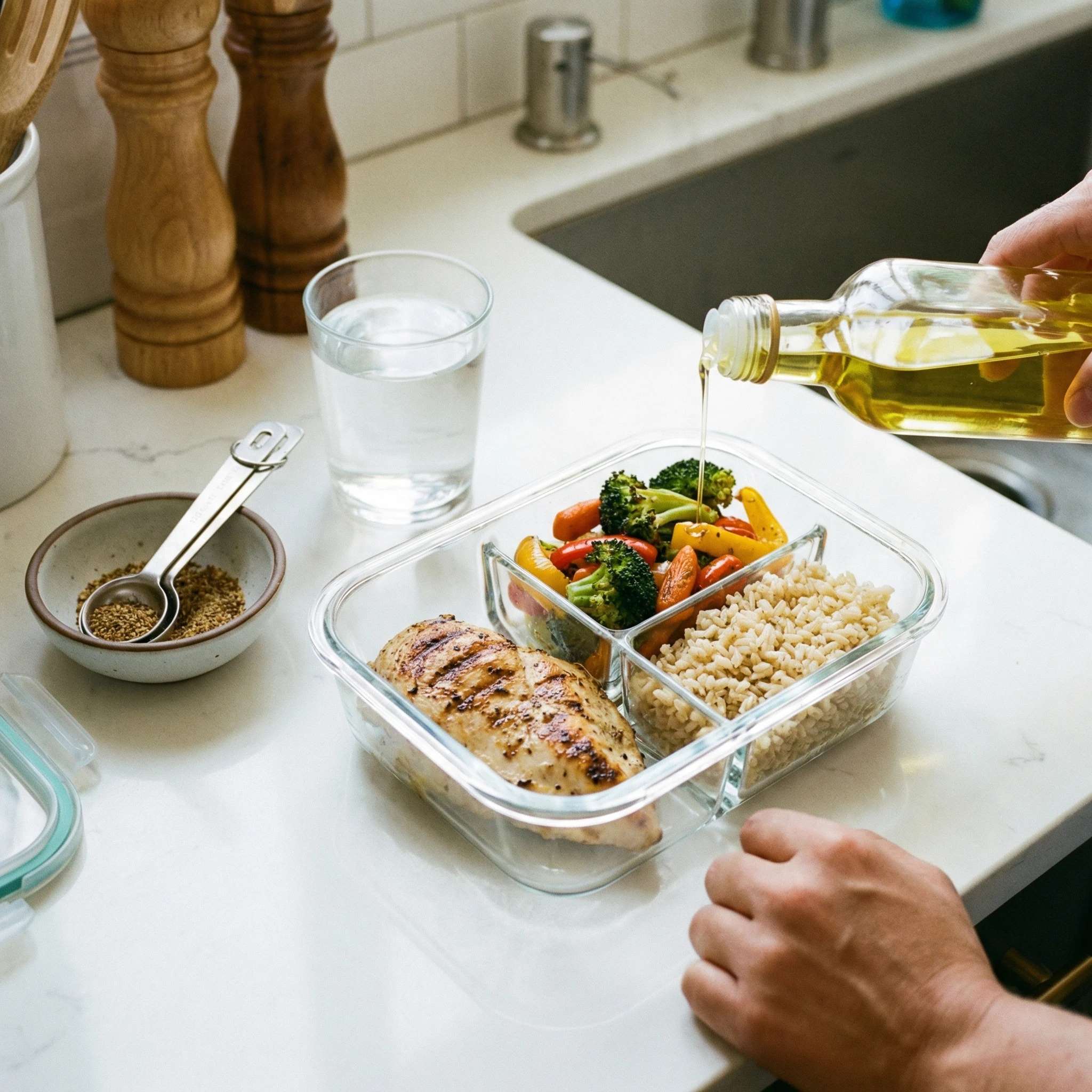Balanced meal prep with vegetables, lean protein, grains, water, and measured safflower oil for practical weight-management habits
