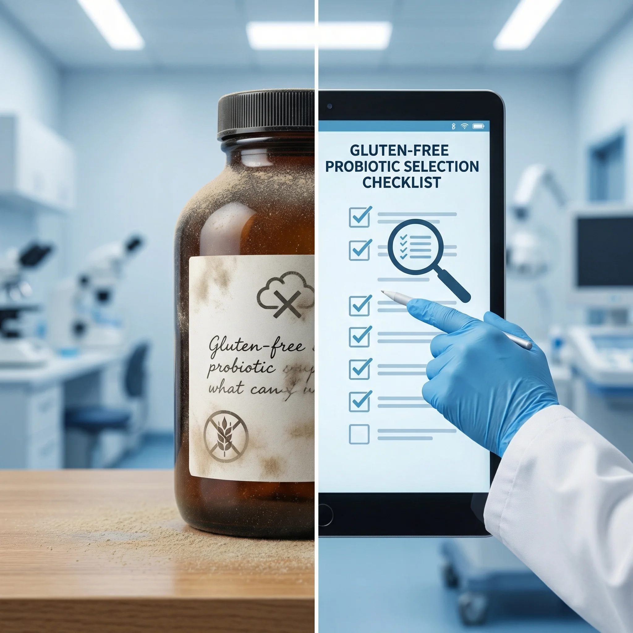Split-view comparison of uncertain probiotic labeling versus a clearly vetted gluten-free probiotic checklist process