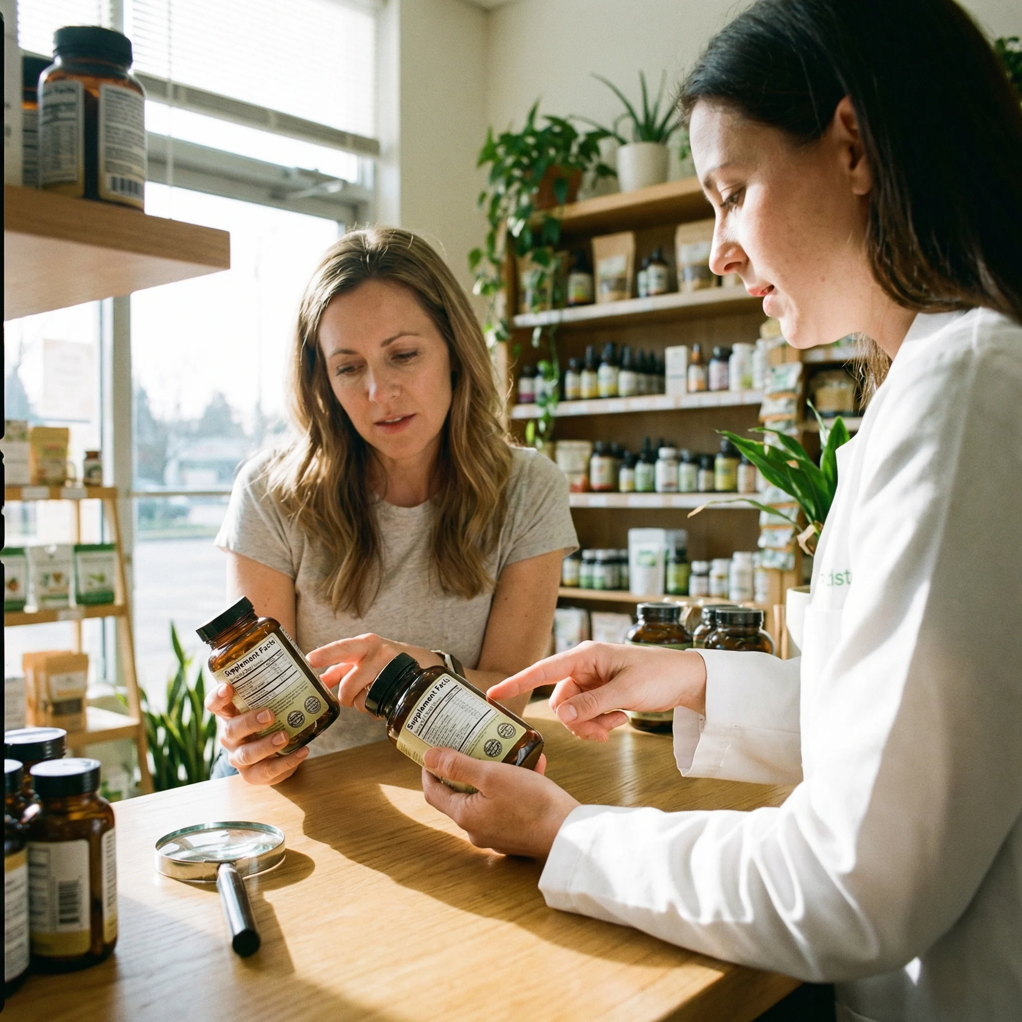 Consumer reviewing probiotic supplement labels with a pharmacist to choose a strain-specific option