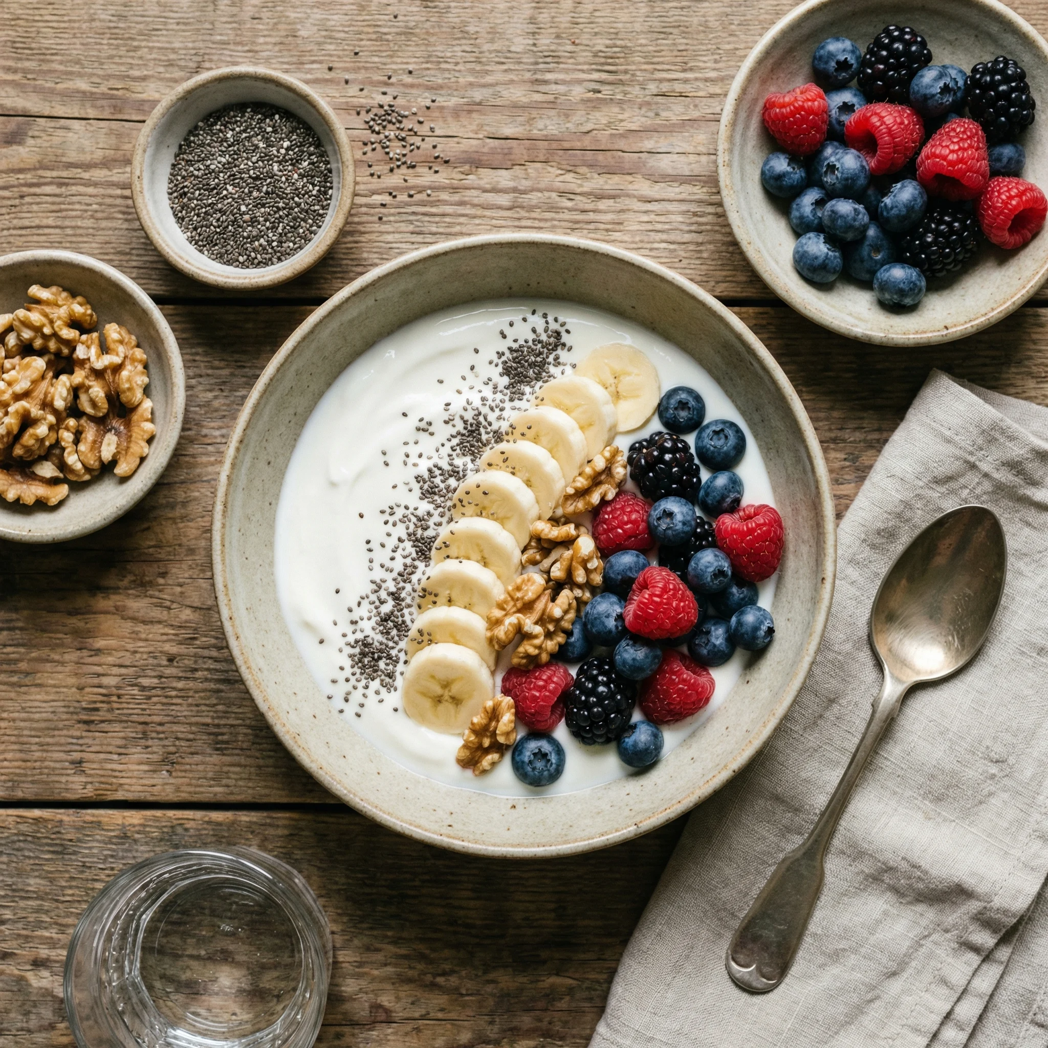 Balanced probiotic-friendly breakfast with yogurt, berries, nuts, and seeds in ceramic bowls.