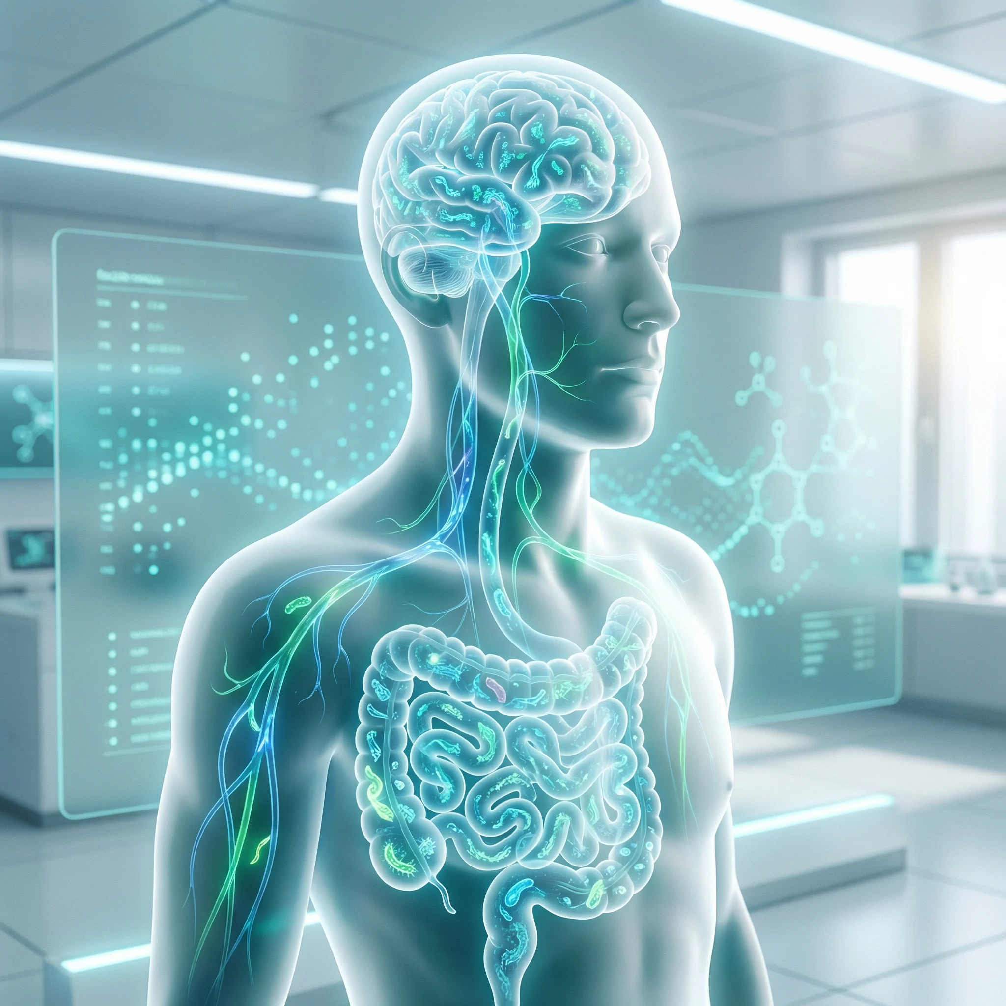 Conceptual medical illustration of gut-brain communication pathways with microbiome-inspired patterns.
