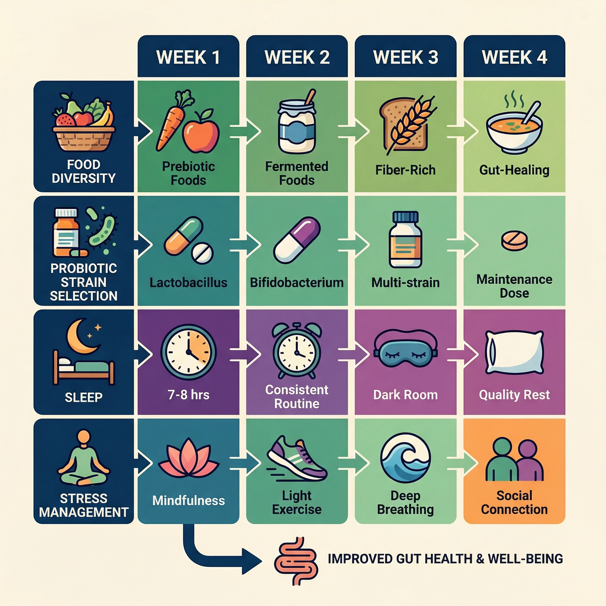 Infographic showing a four-week probiotic routine with pillars for food diversity, strain selection, sleep, and stress control.