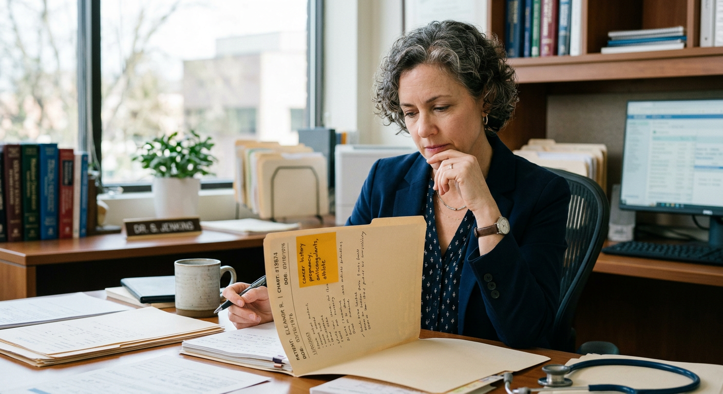 Physician at a desk reviewing exclusion criteria for BPC-157 patient candidacy