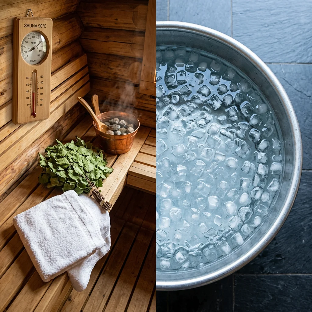 Step-by-step visual guide showing a three-round contrast therapy session with temperature and time for each phase