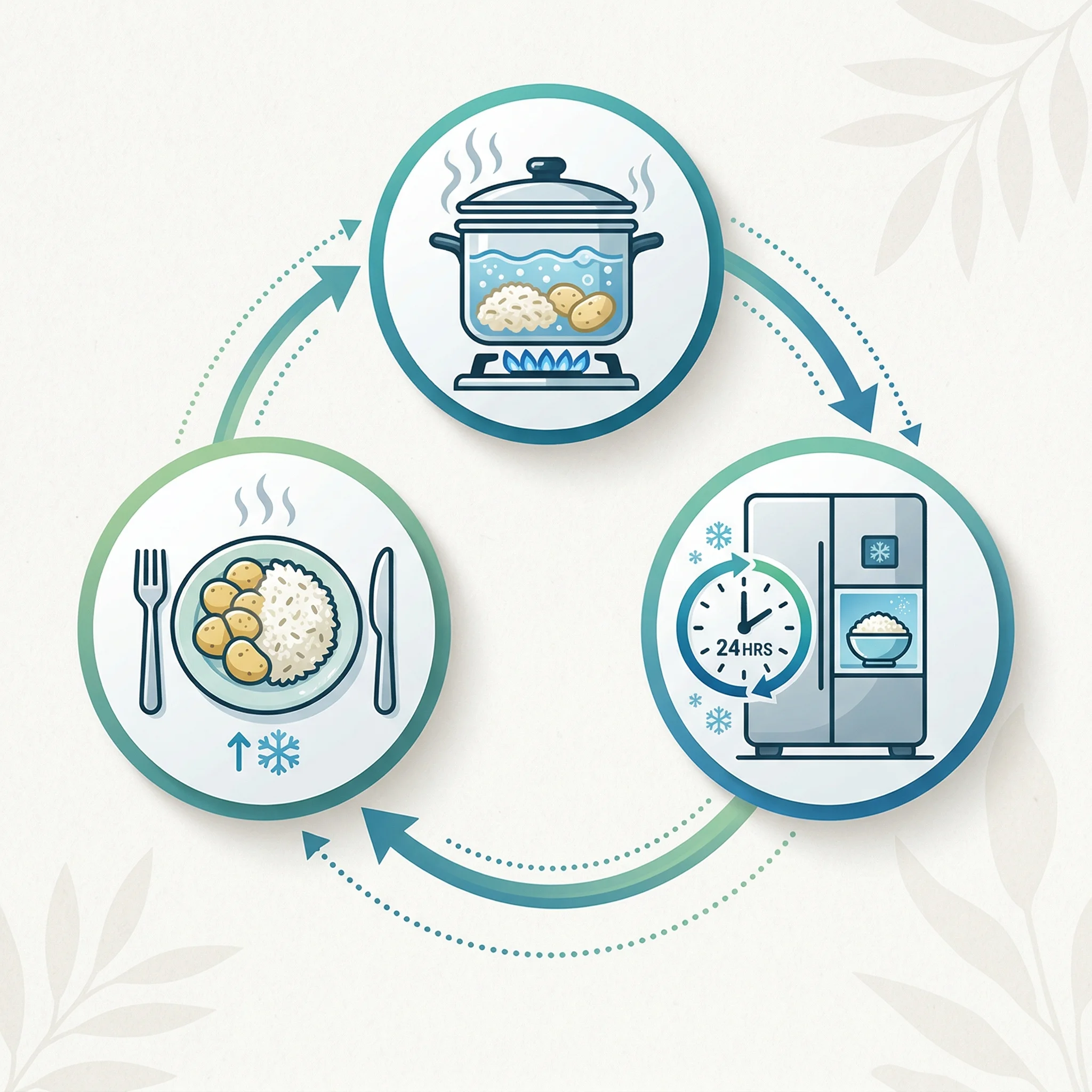 Infographic showing the cook, cool, and reheat cycle that converts regular starch into resistant starch in potatoes and rice