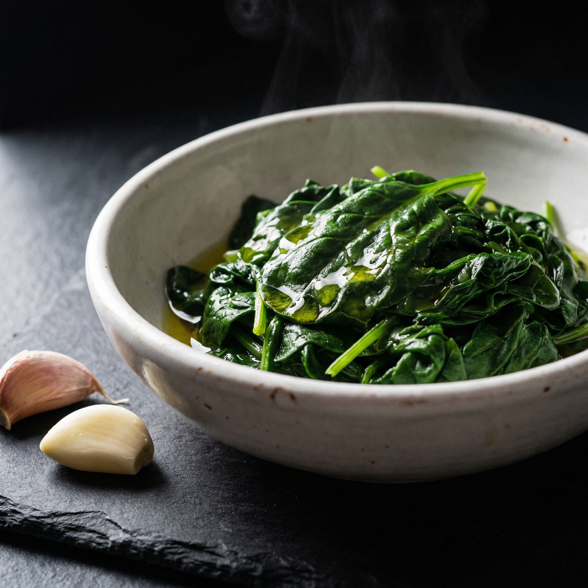 Steamed spinach drizzled with olive oil and lemon in a white ceramic bowl on dark slate